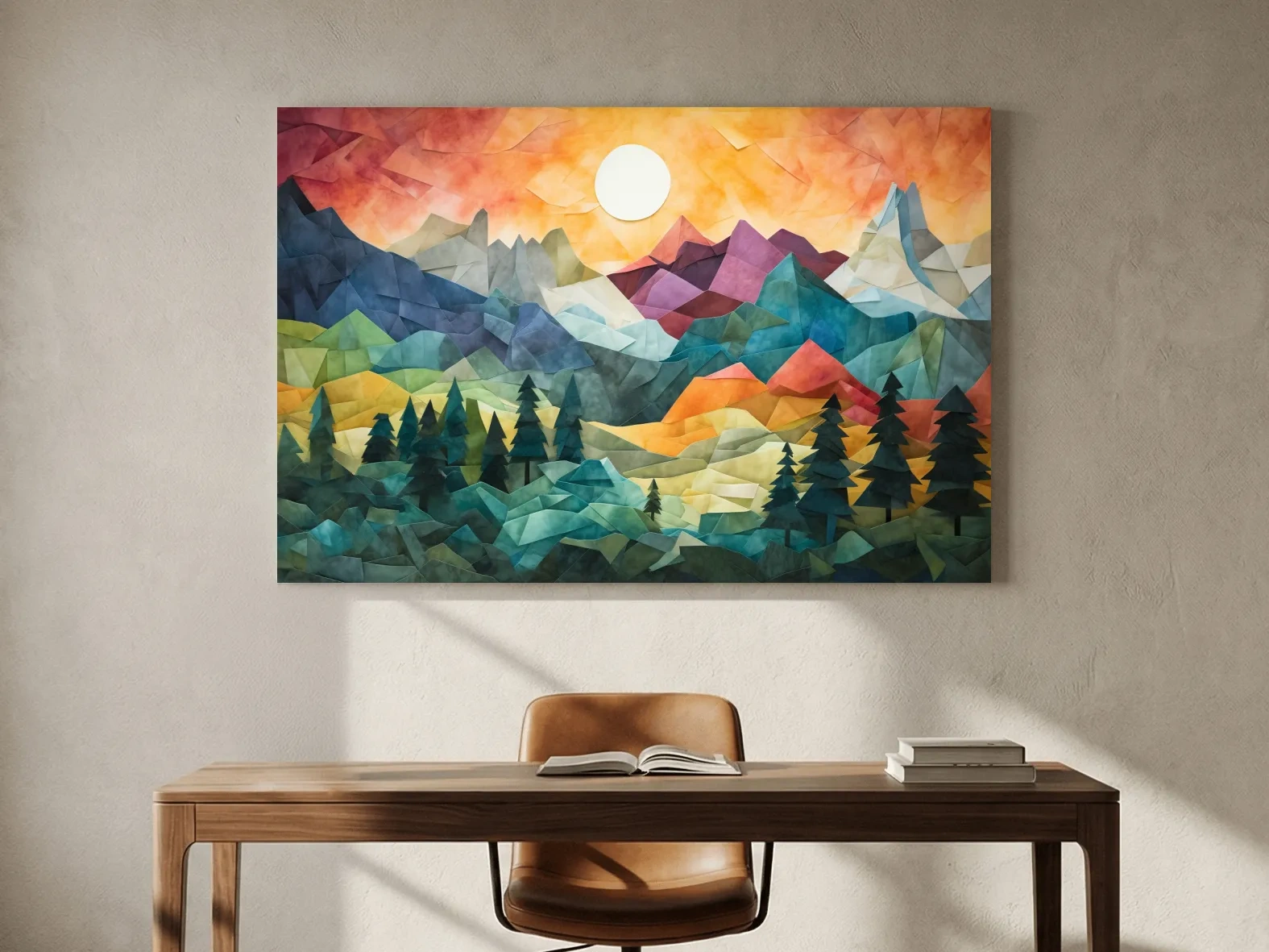 Abstract Alpine Mountain Sunset Artwork - Vibrant Patchwork Mosaic Wall Art