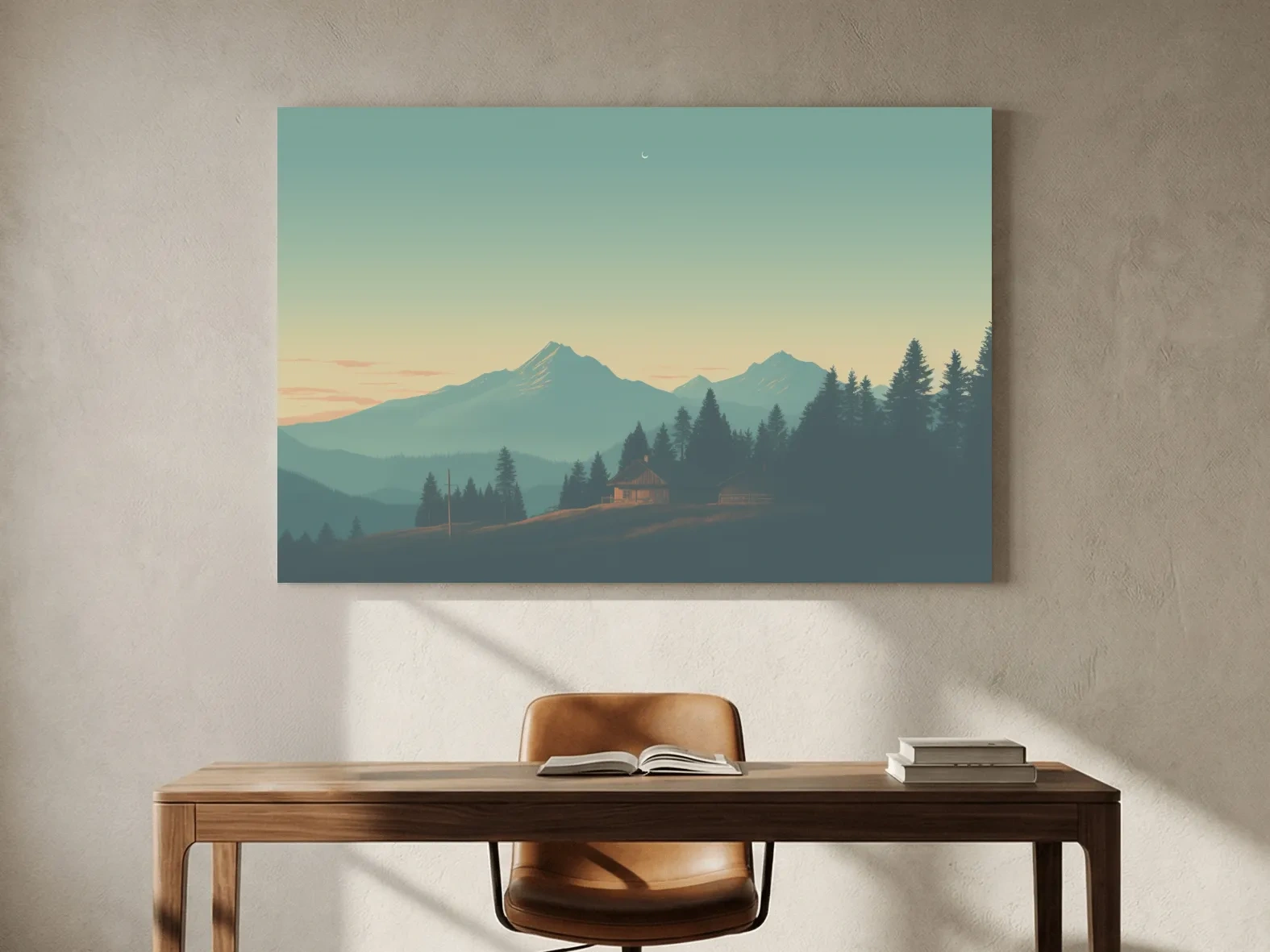 Hazy Alpine Cabin Mountain Sunset - Serene Vintage Landscape Wall Art