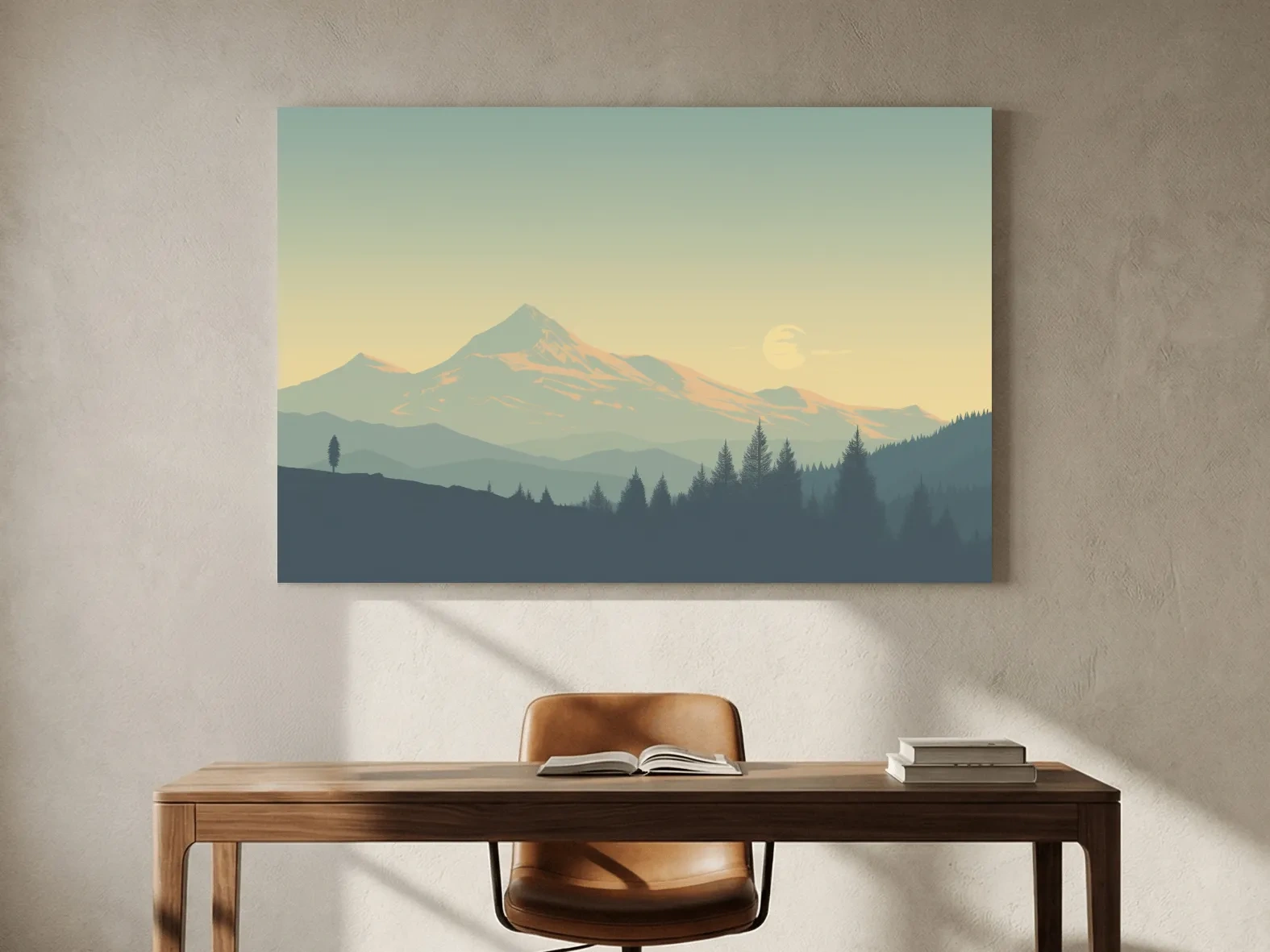 Minimalist Misty Mountain Sunrise Landscape - Serene Alpine Forest Wall Art