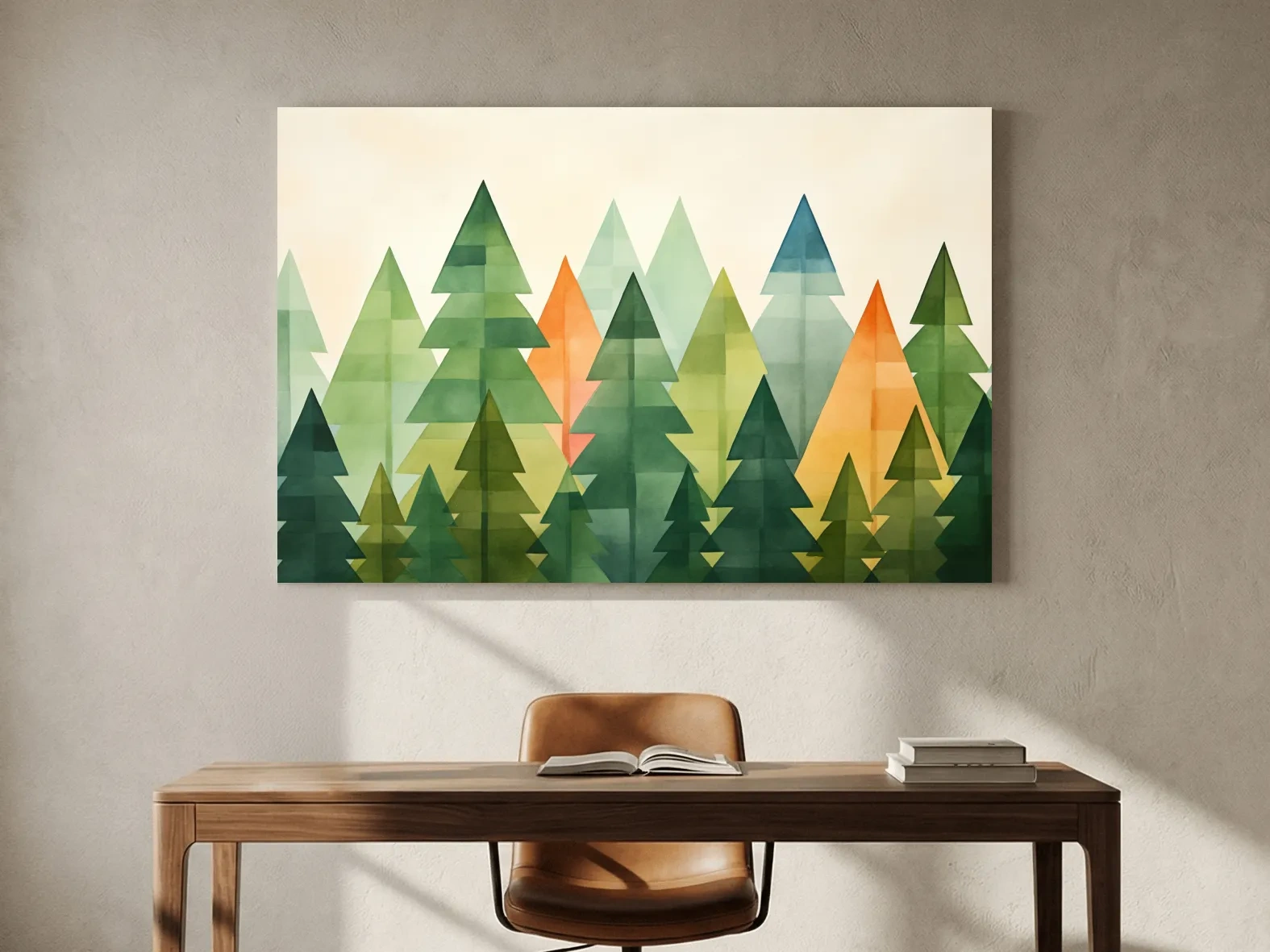 Geometric Watercolor Pine Forest Landscape - Modern Scandinavian Nature Wall Art