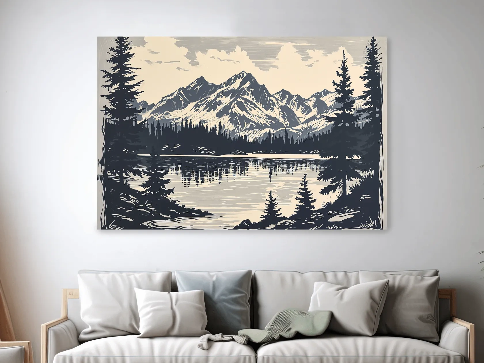 Vintage Alpine Lake Mountain Illustration - Monochrome Linocut Style Artwork
