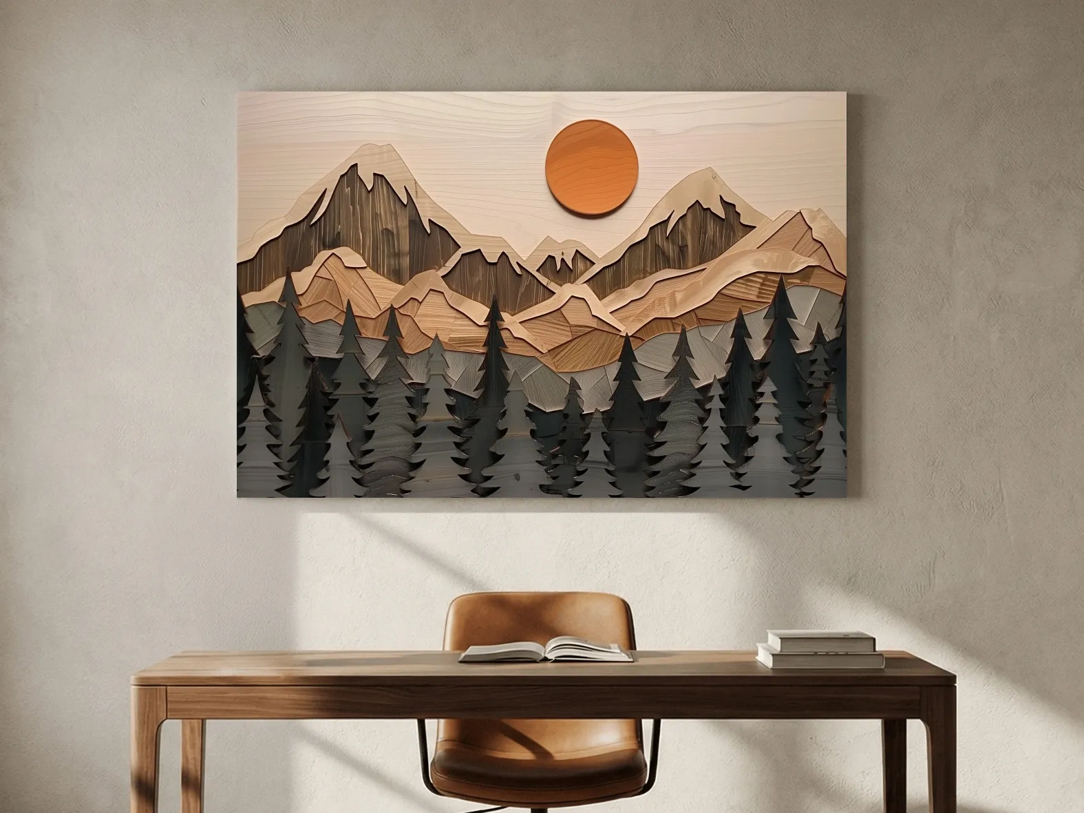 Rustic Geometric Wood Grain Mountain Sunrise - Pine Forest Landscape Wall Art