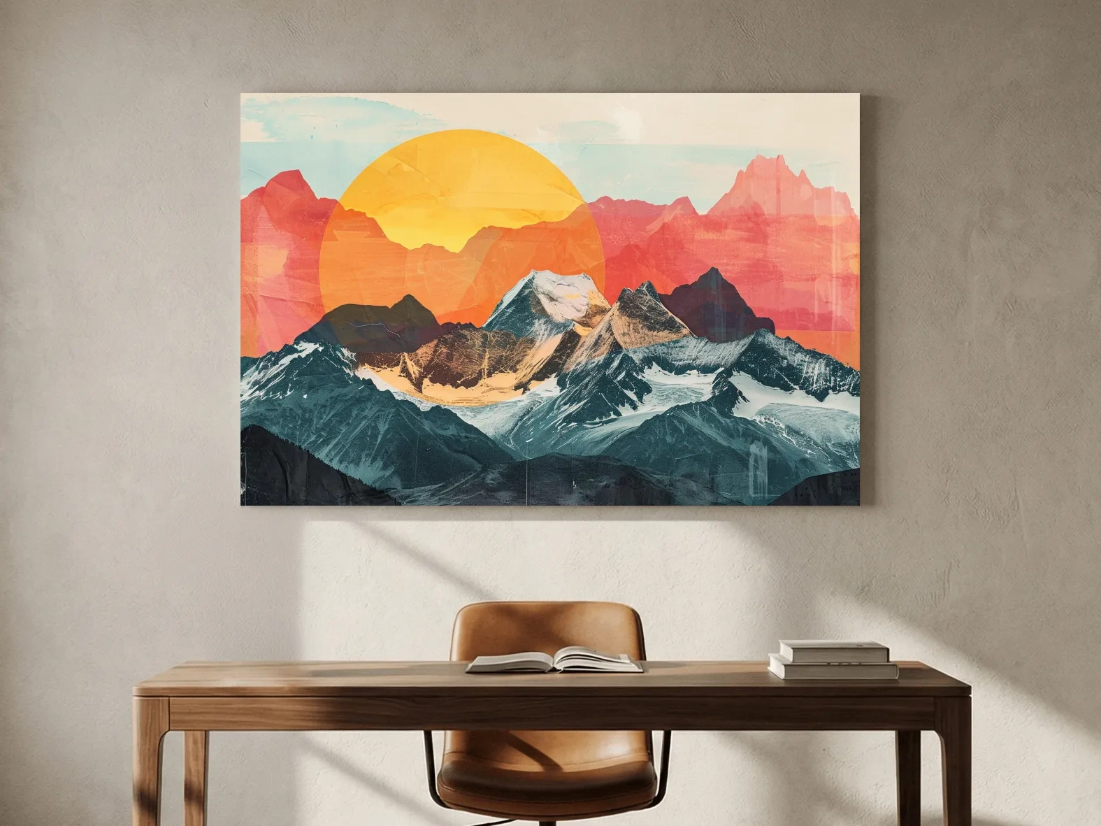 Abstract Alpine Mountains With Golden Sun - Modern Collage Landscape Artwork
