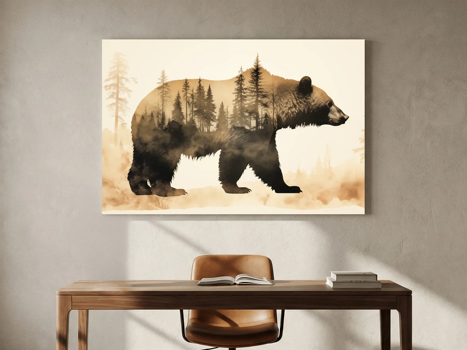 Double Exposure Grizzly Bear Forest Silhouette - Misty Wilderness Nature Artwork