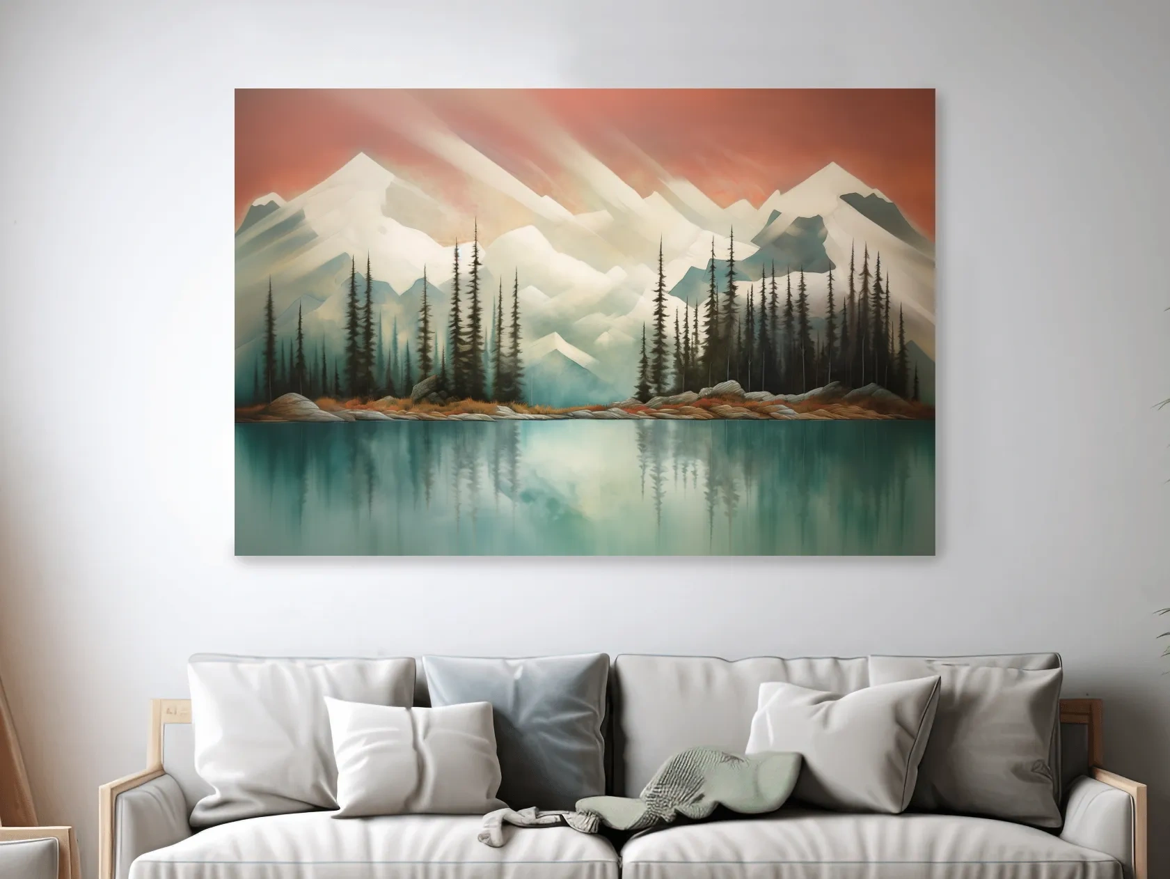 Abstract Alpine Lake Landscape Painting - Serene Pine Forest Mountain Wall Art