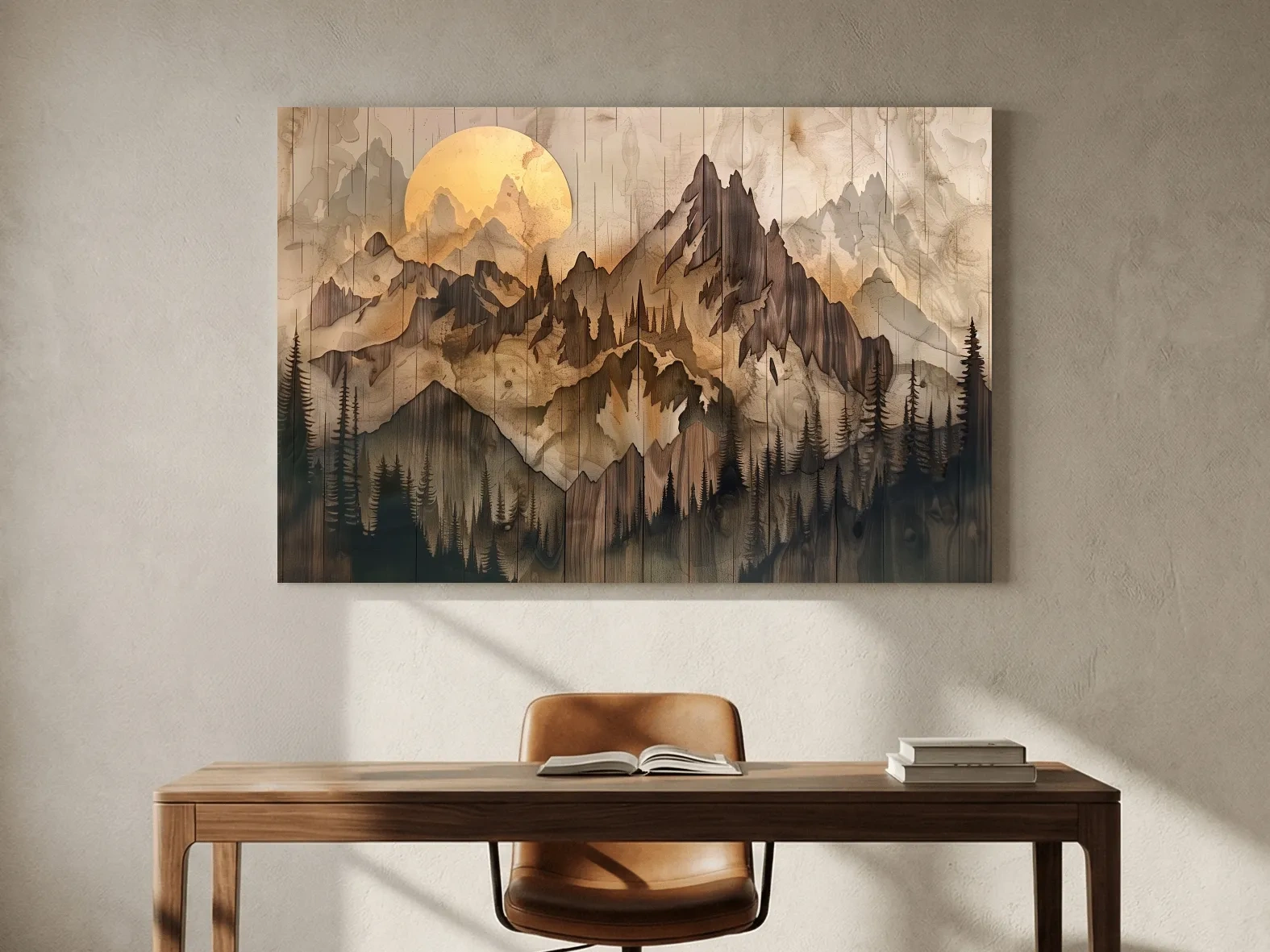 Rustic Sepia Mountain Sunrise Landscape - Vintage Wood Grain Watercolor Artwork