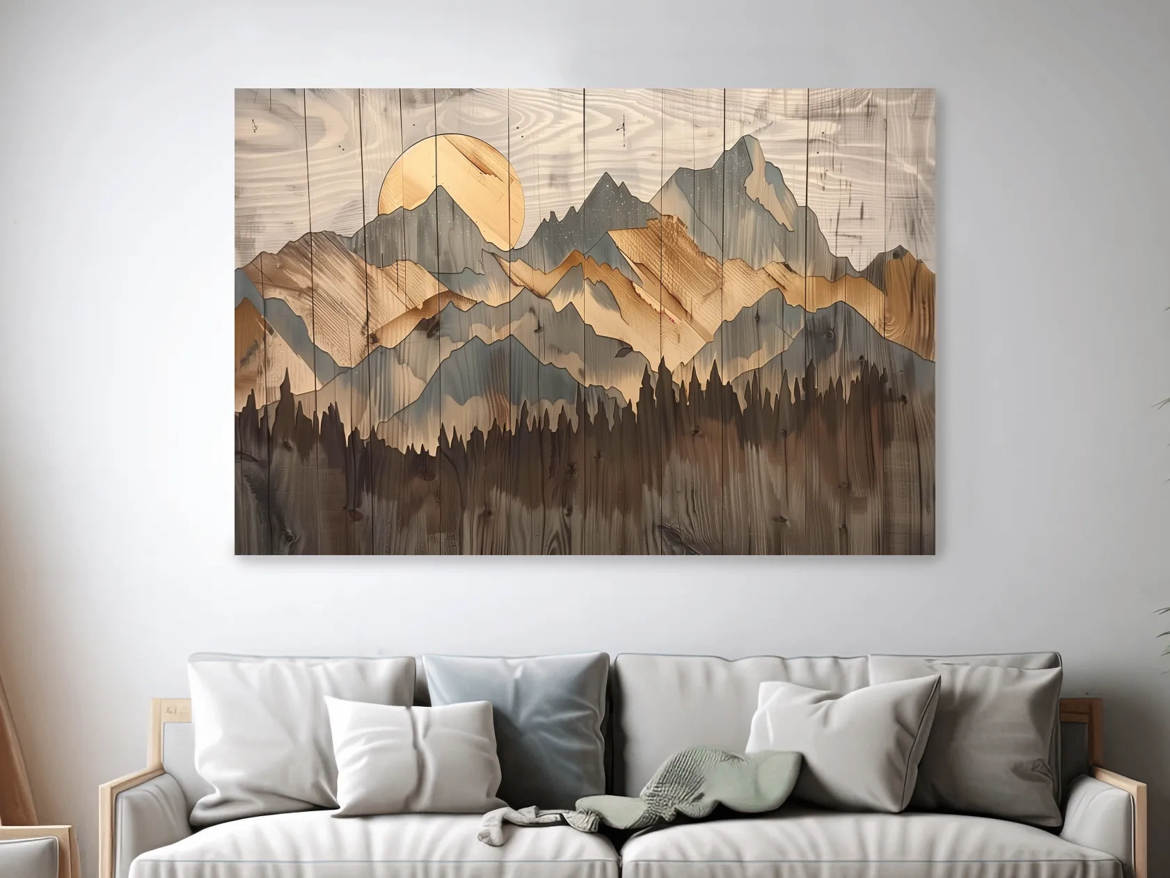 Rustic Mountain Range Sunrise - Woodgrain Style Forest Wall Art