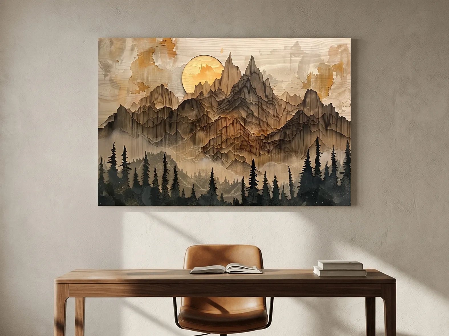 Rustic Mountain Sunset Landscape - Woodcut Style Alpine Wall Art