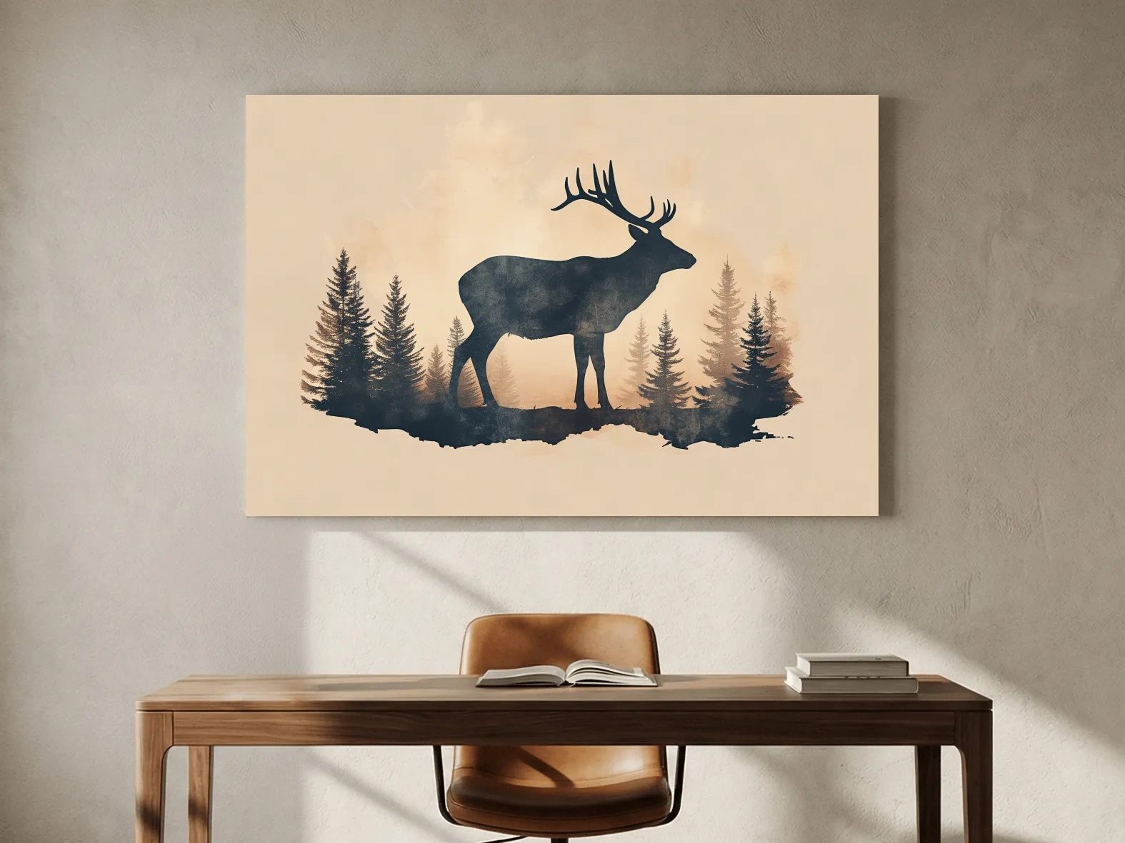 Vintage Sepia Deer Silhouette In Pine Forest - Rustic Woodland Artwork