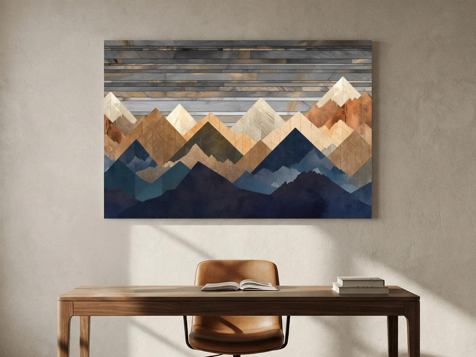 Geometric Layered Mountain Peaks - Rustic Wood Texture Abstract Wall Art