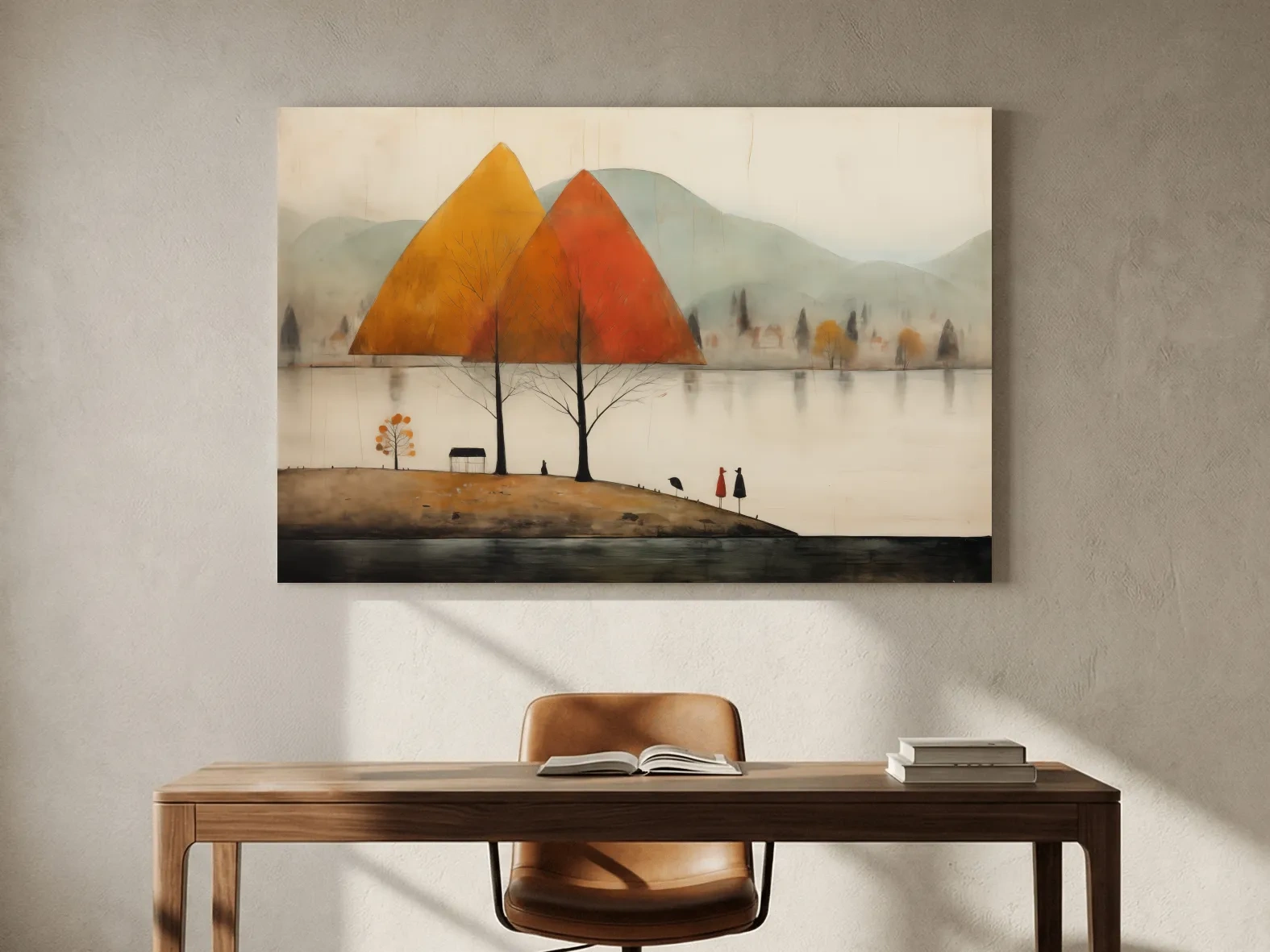 Autumn Mountains Over Misty Lakeside - Quirky Landscape Artwork