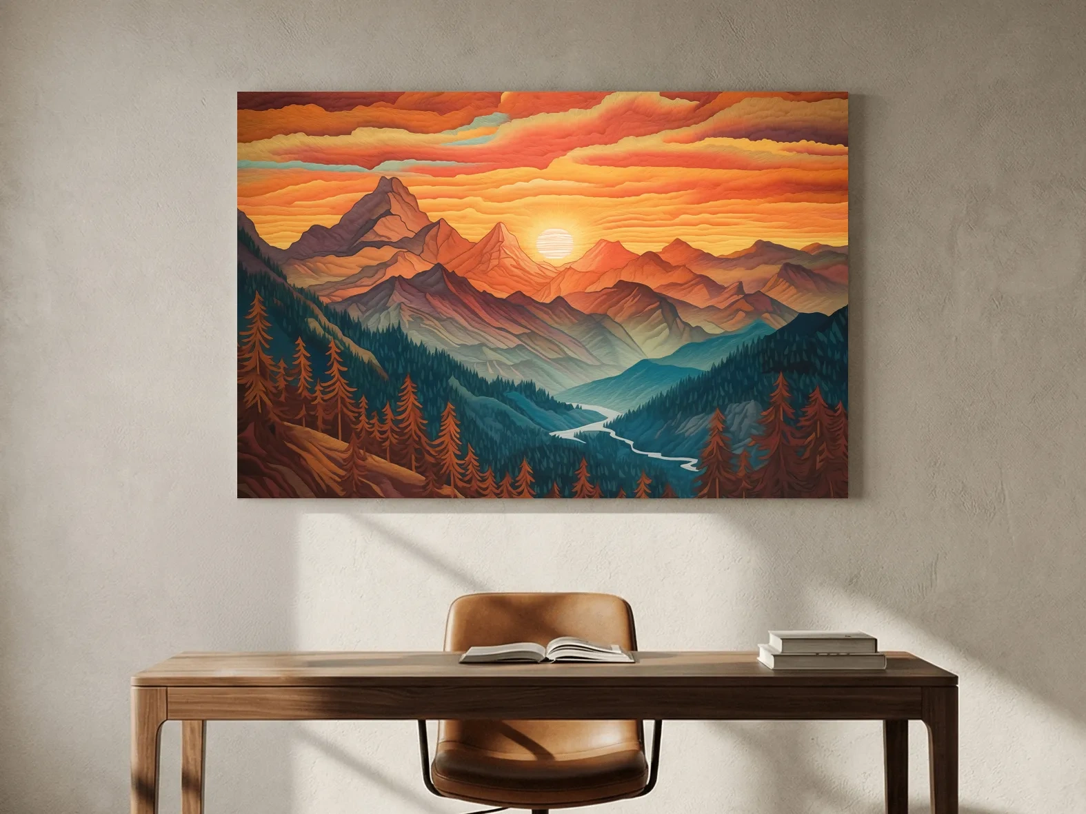 Vibrant Sunset Mountain Range Illustration - Layered Alpine Landscape Wall Art