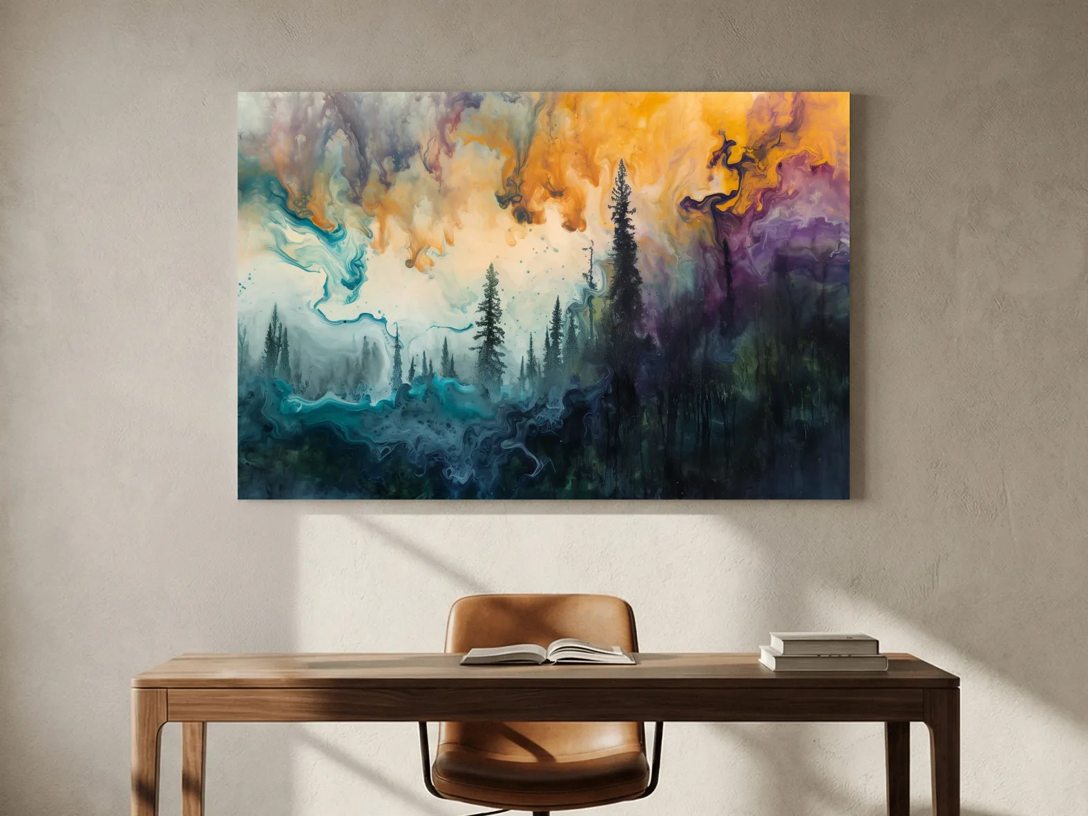 Vibrant Abstract Forest Smoke Swirls - Fluid Acrylic Style Wall Art