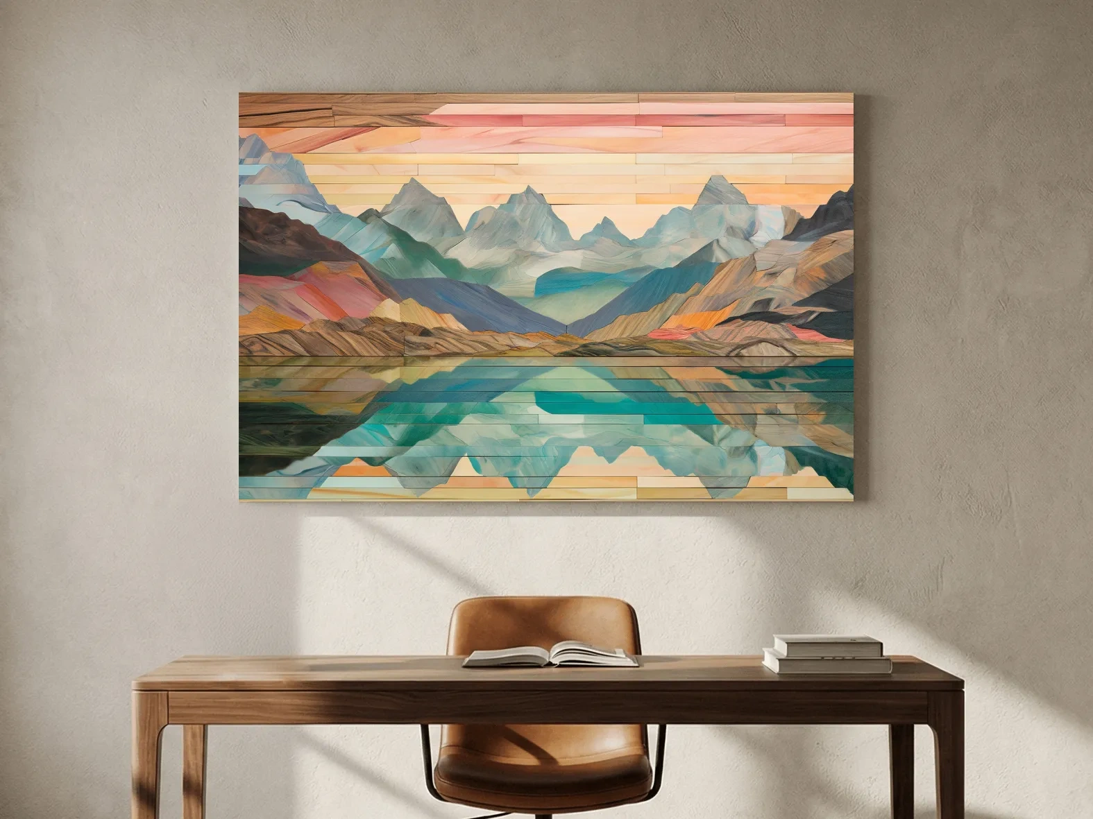 Alpine Lake Mountain Reflection - Layered Wooden Style Landscape Wall Art