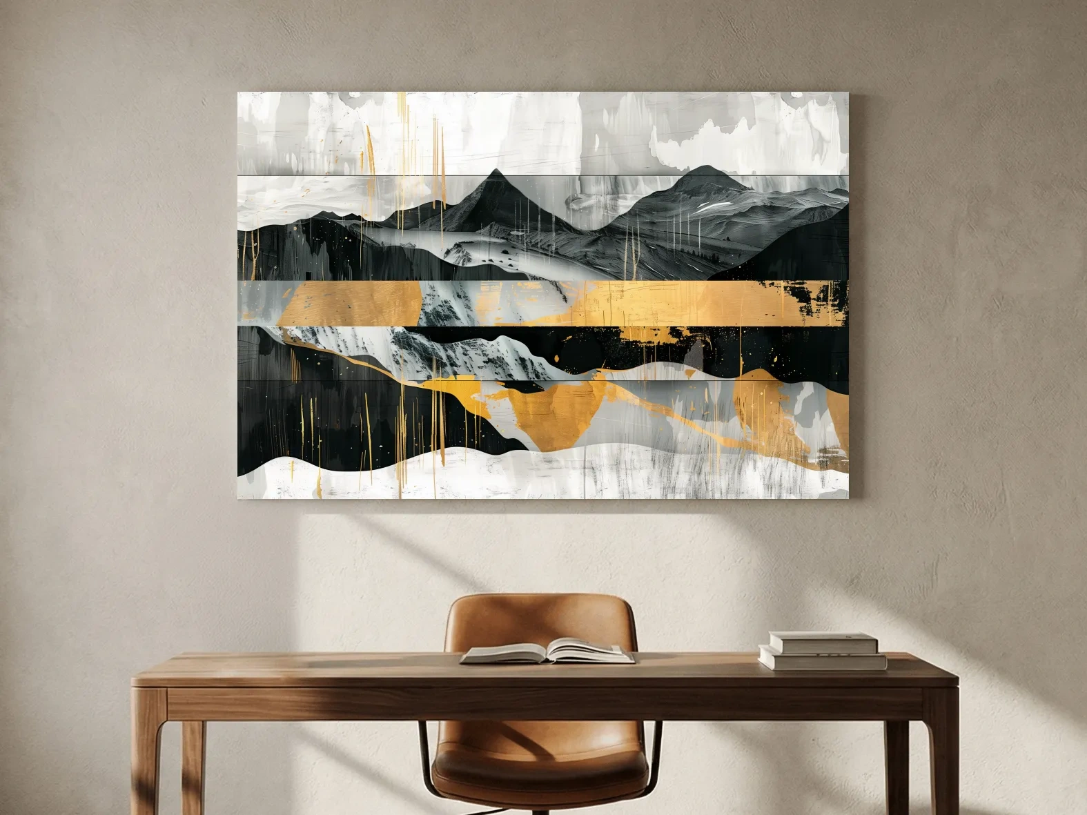 Abstract Monochrome Mountain Range With Gold Accents - Modern Mixed Media Landscape Wall Art
