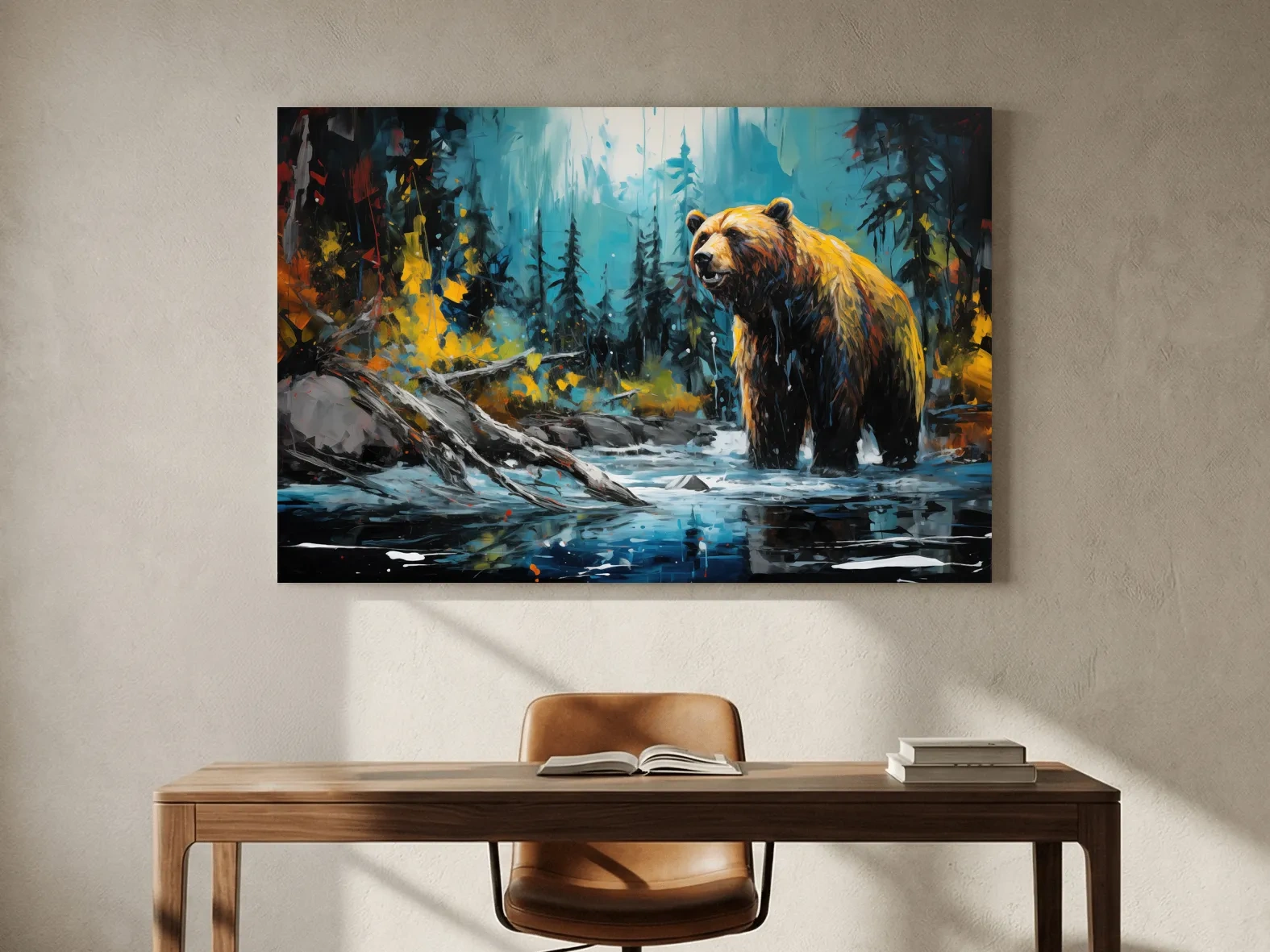 Grizzly Bear Forest River Painting - Vibrant Wildlife Nature Wall Art