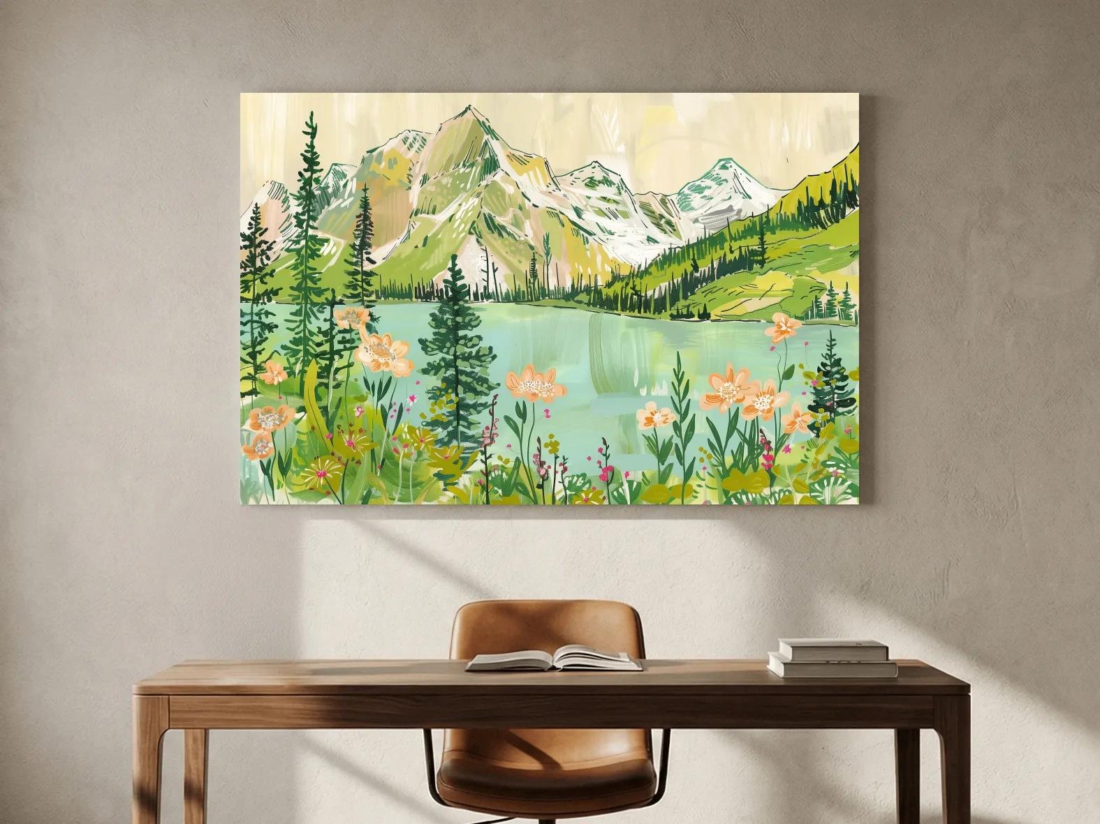 Whimsical Alpine Lake Wildflower Stylized Painting - Mountain Meadows Wall Art