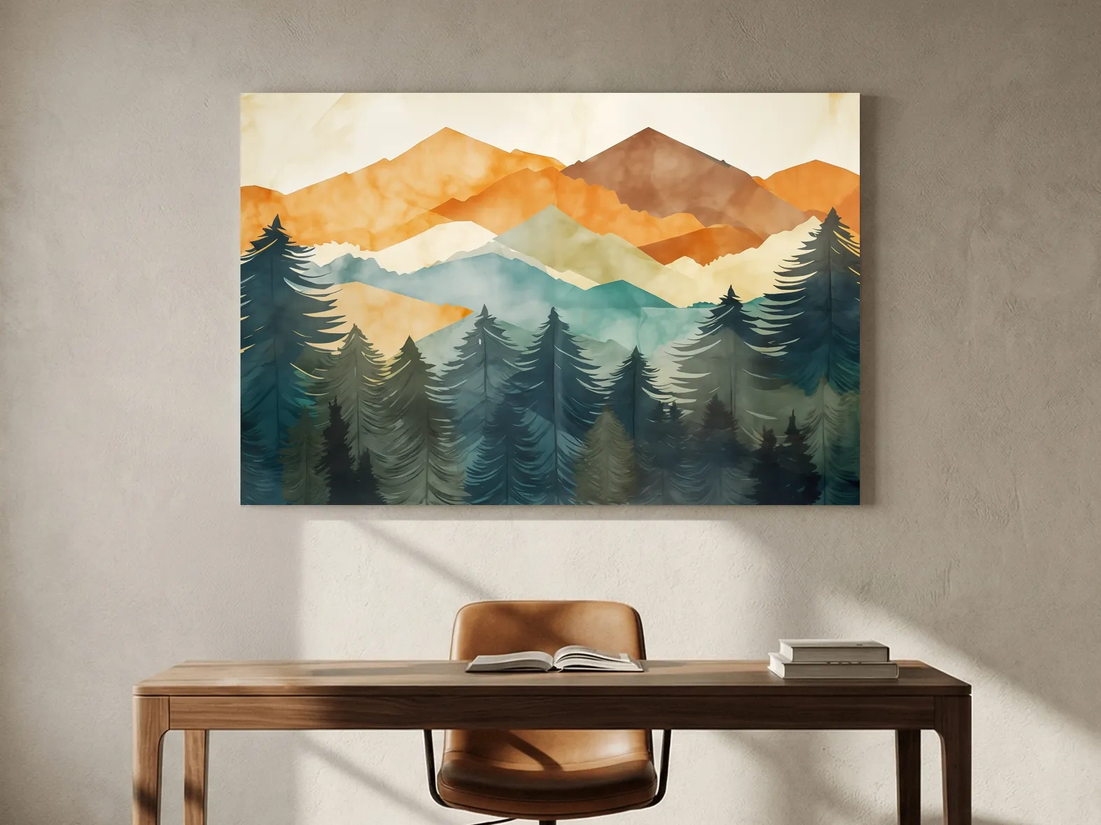 Serene Landscape Painting - Abstract Watercolour Forest & Mountains