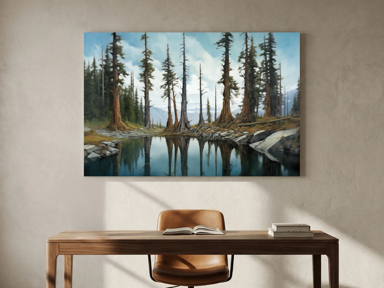 Pine Forest Lake Reflection Painting - Serene Wilderness Landscape Wall Art