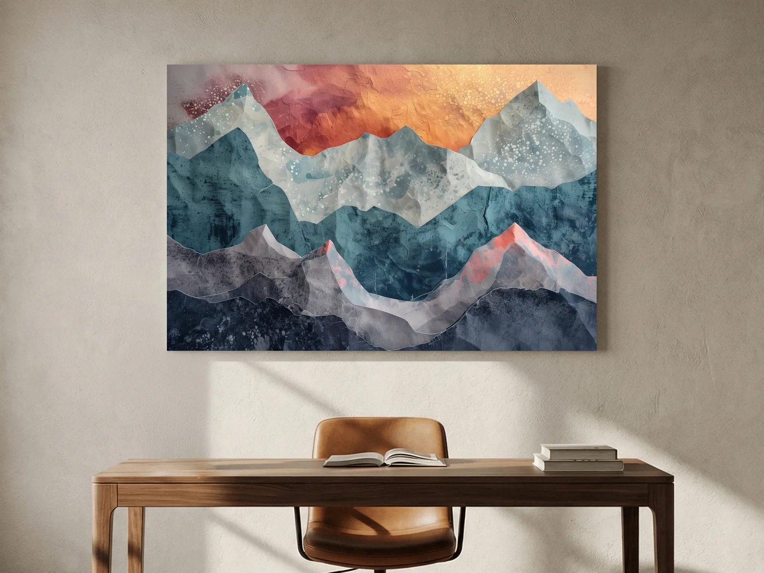 Layered Abstract Mountain Range Sunset - Modern 3D Mixed Media Landscape Wall Art
