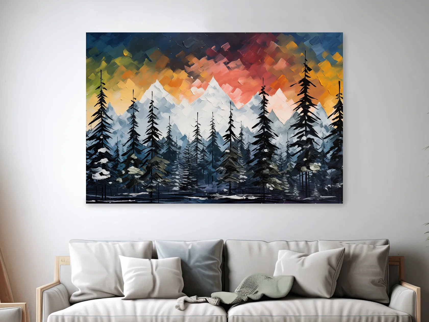 Bold textured palette knife effect impasto sunset mountain painting, treeline in the alpine