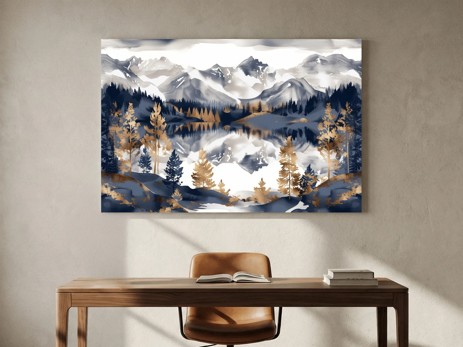 Gold Leaf Style Watercolor Alpine Lake Reflection - Mountain Landscape Artwork