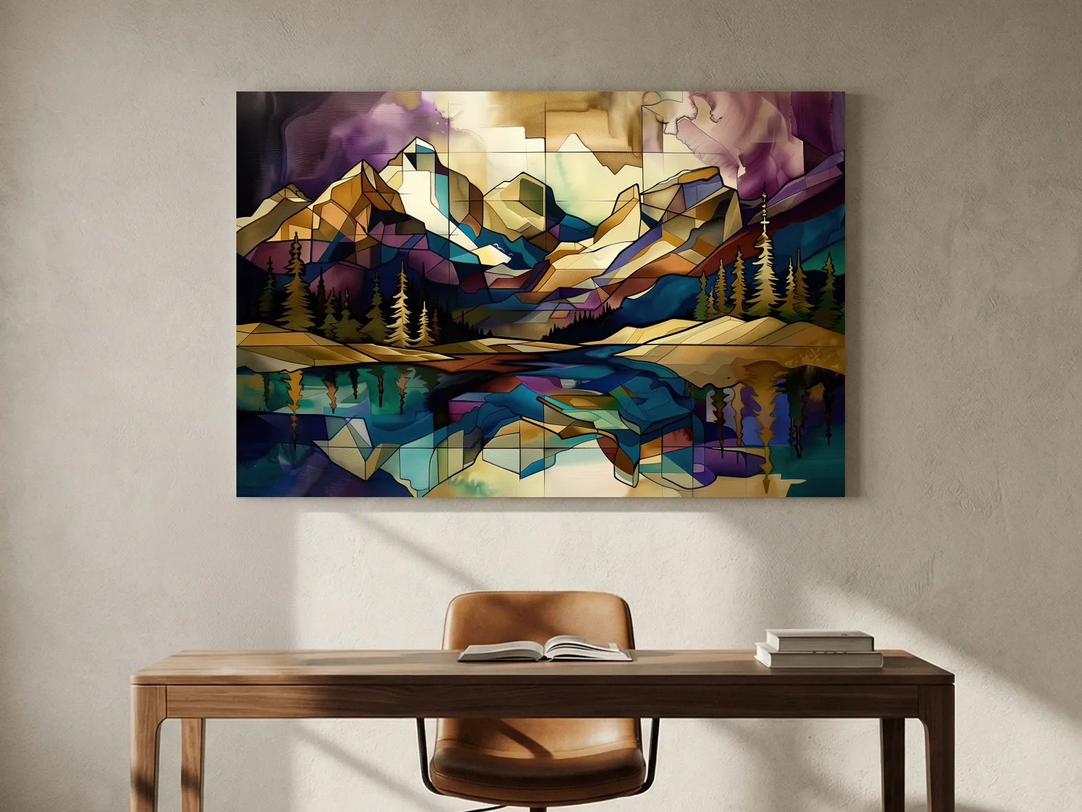 Geometric Stained Glass Mountain Lake Reflection - Colorful Abstract Landscape Artwork