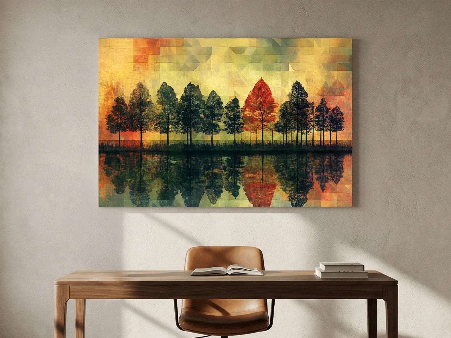 Abstract Geometric Autumn Forest Reflection - Modern Mosaic Landscape Artwork