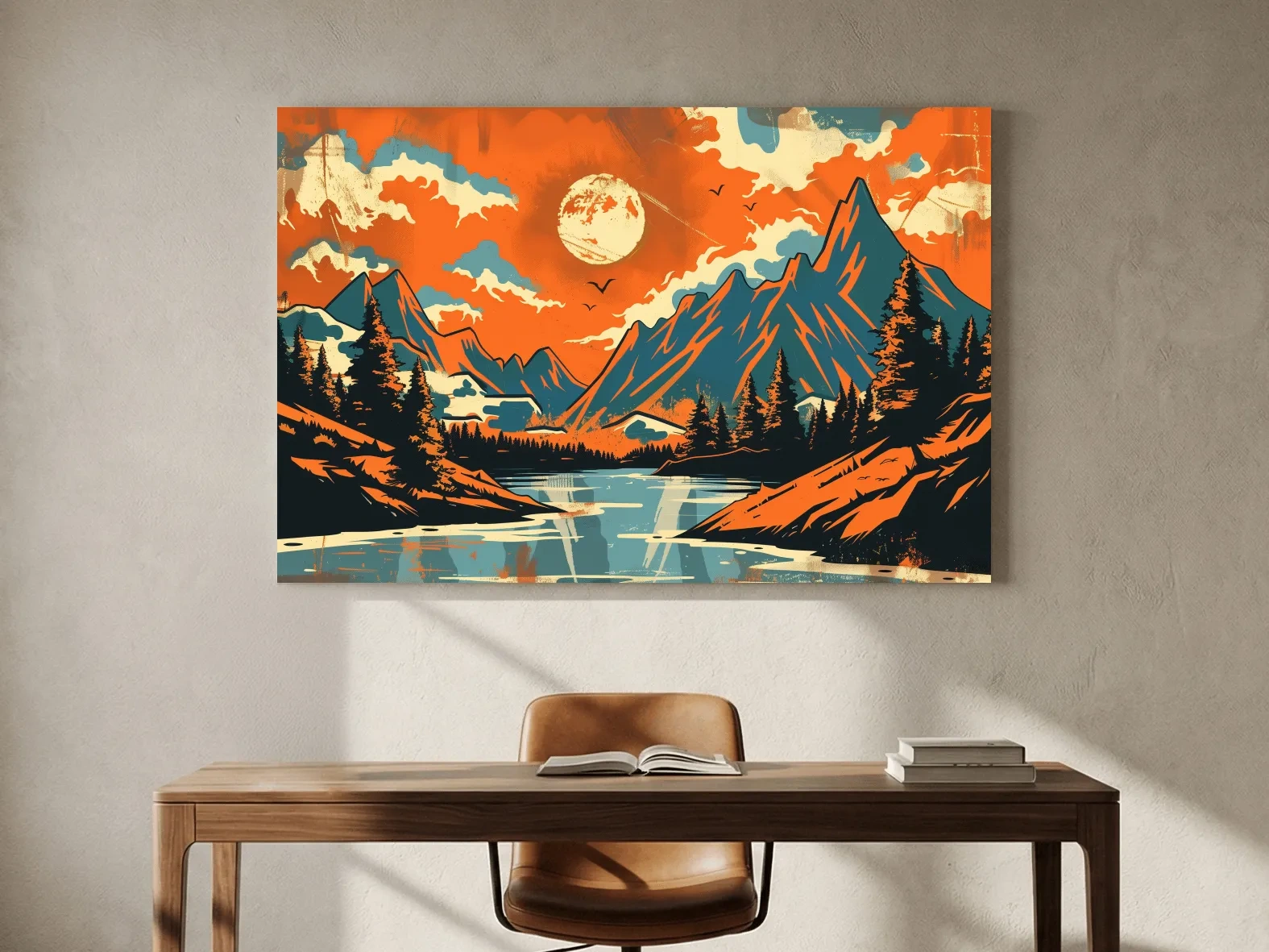 Vibrant Retro Mountain Lake Sunset Illustration - Bold Vector Landscape Wall Art