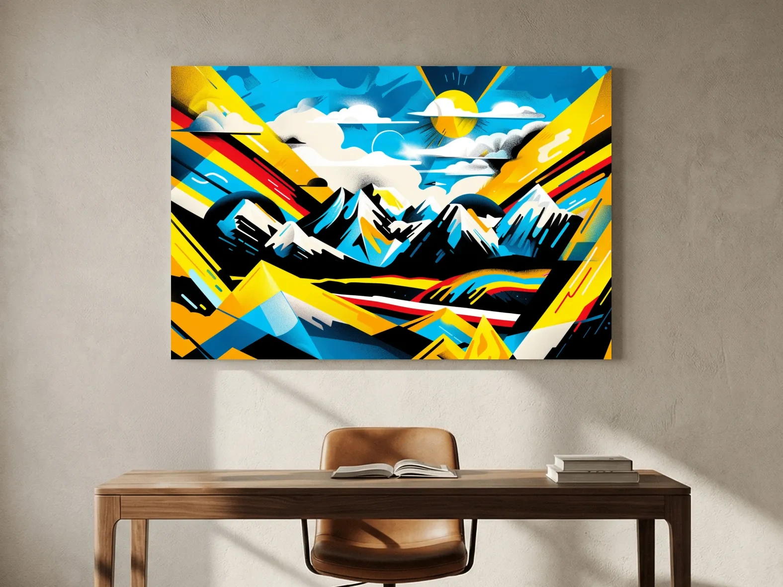 Vibrant Colorful Mountain Sunrise Illustration - Graffiti Style Landscape Wall Art