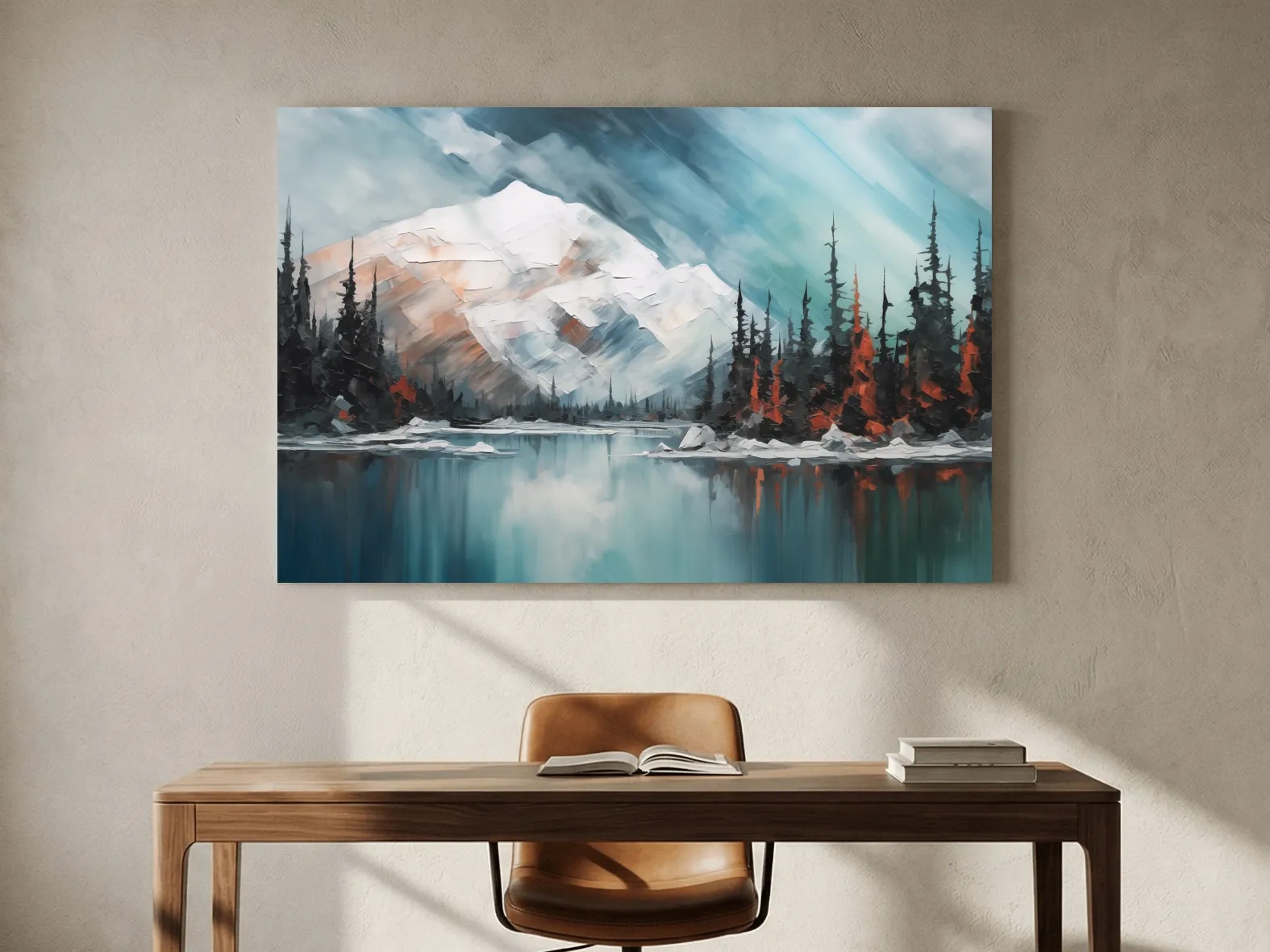 Alpine Glacier Lake Impasto Style Painting - Textured Forest Wall Art