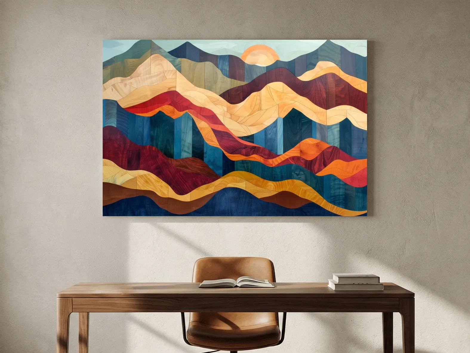 Layered Abstract Mountain Sunset Woodgrain - Mid Century Modern Wall Art
