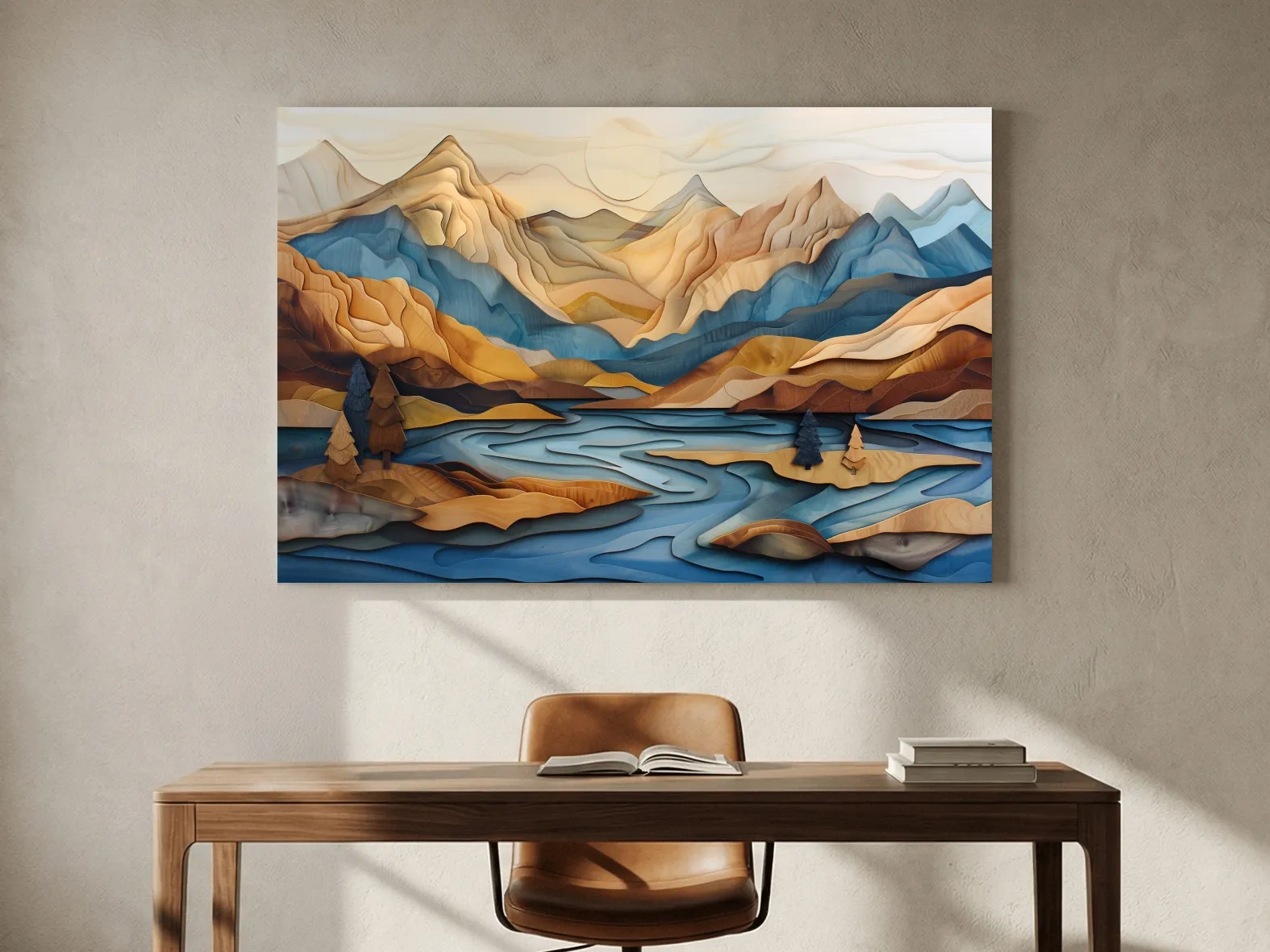 Wood Intarsia Style Alpine Mountain Lake Landscape - Modern Abstract Wall Art