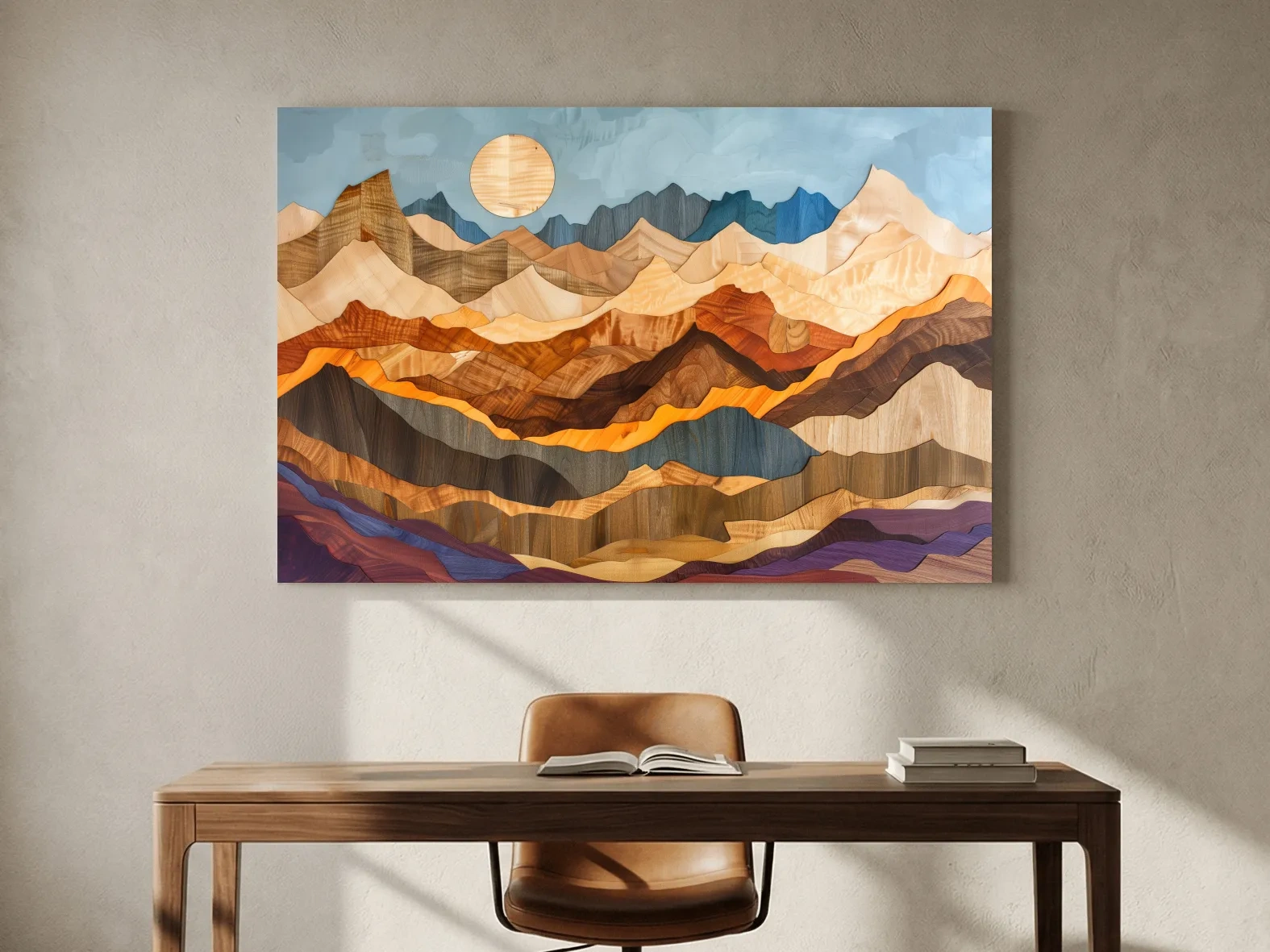 Layered Wooden Mountain Range - Intarsia Style Canvas Wall Art