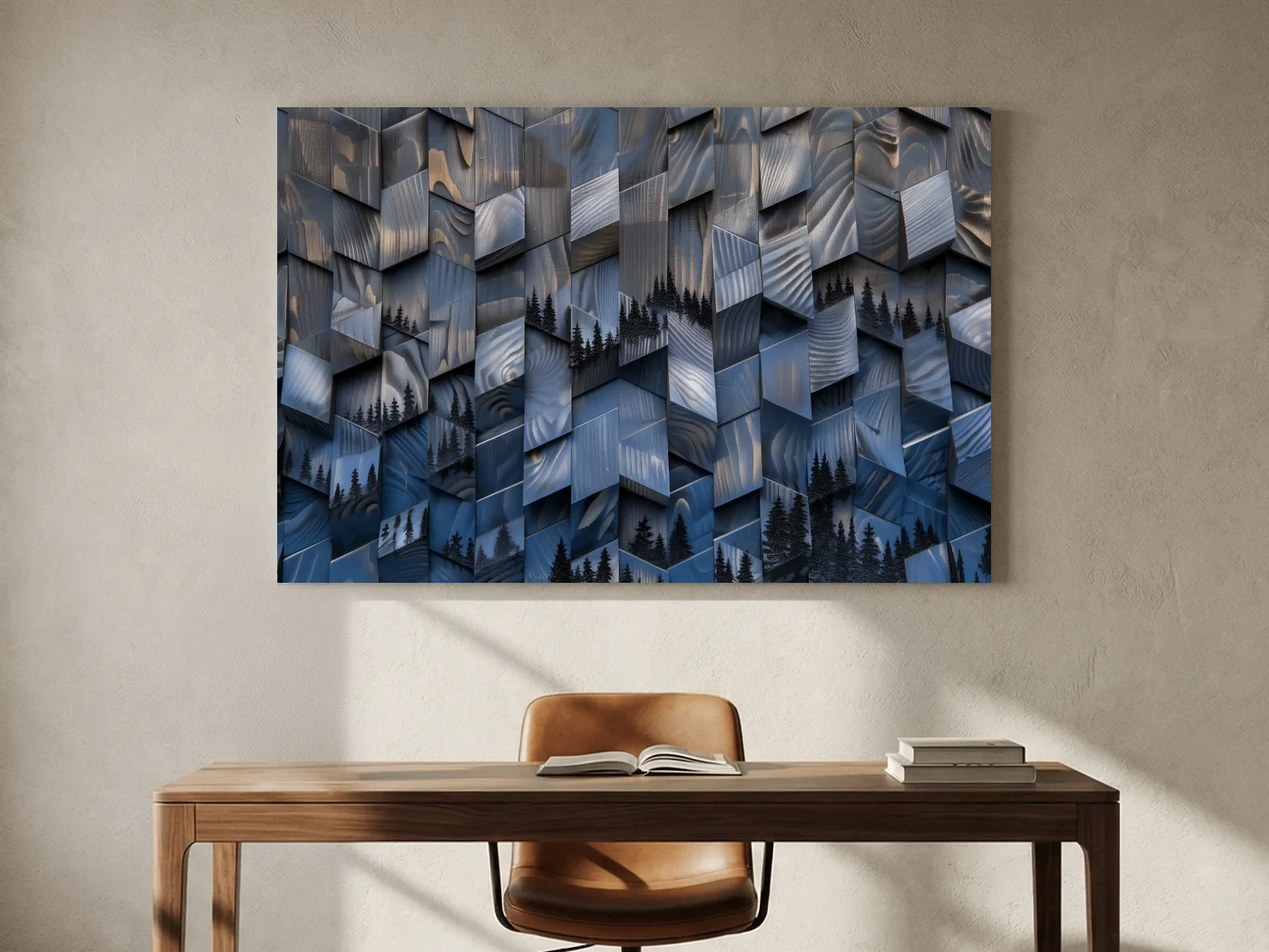 Wood Block Mountain Forest Collage - 3D Effect Abstract Landscape Wall Art