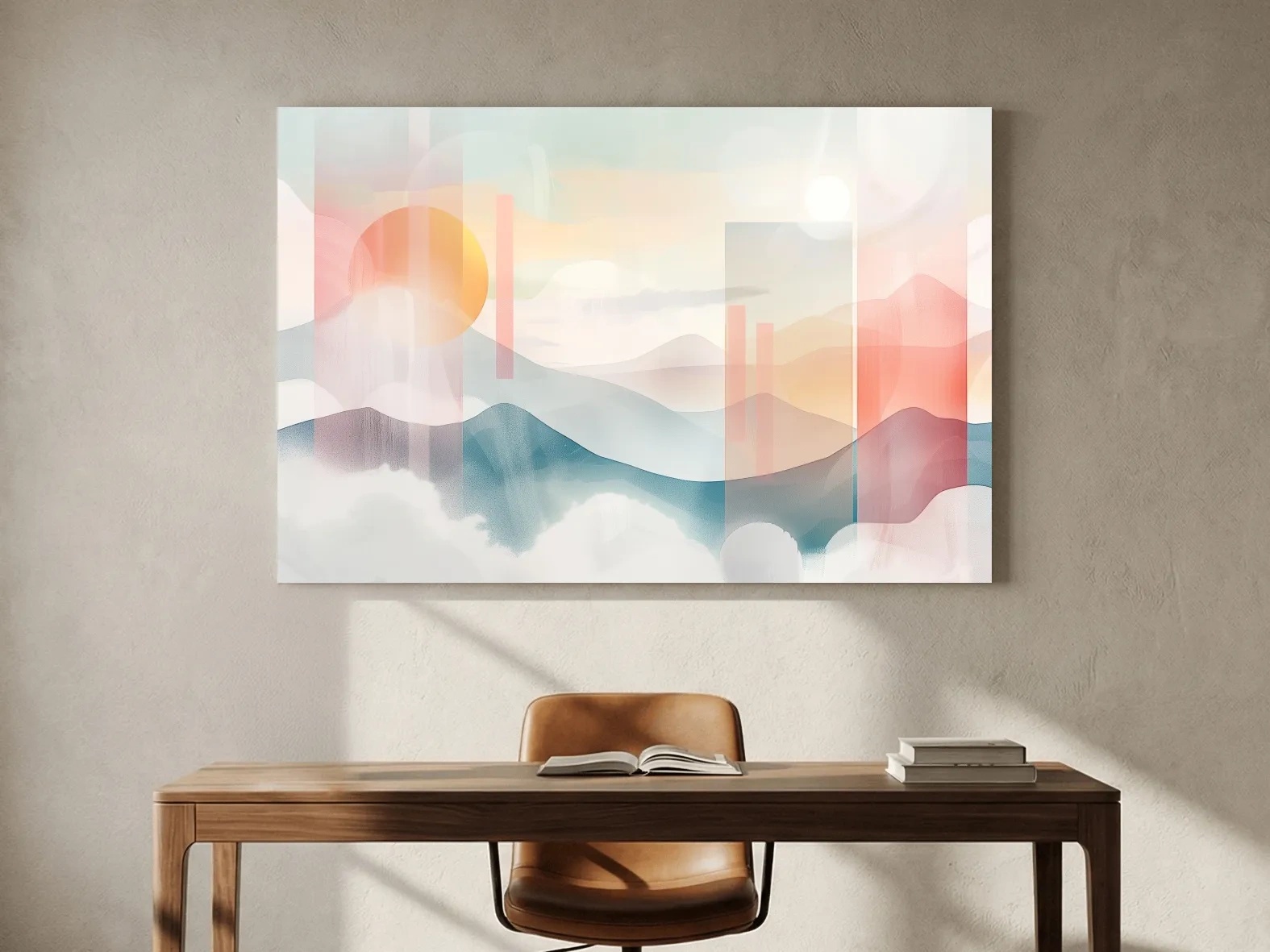 Abstract Pastel Mountain Sunrise Watercolor - Minimalist Geometric Wall Art