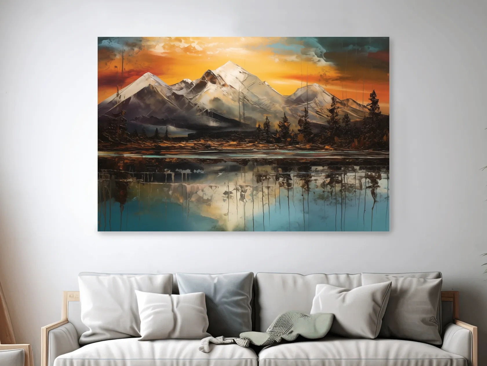 Abstract oil painting of an alpine lake at sunset