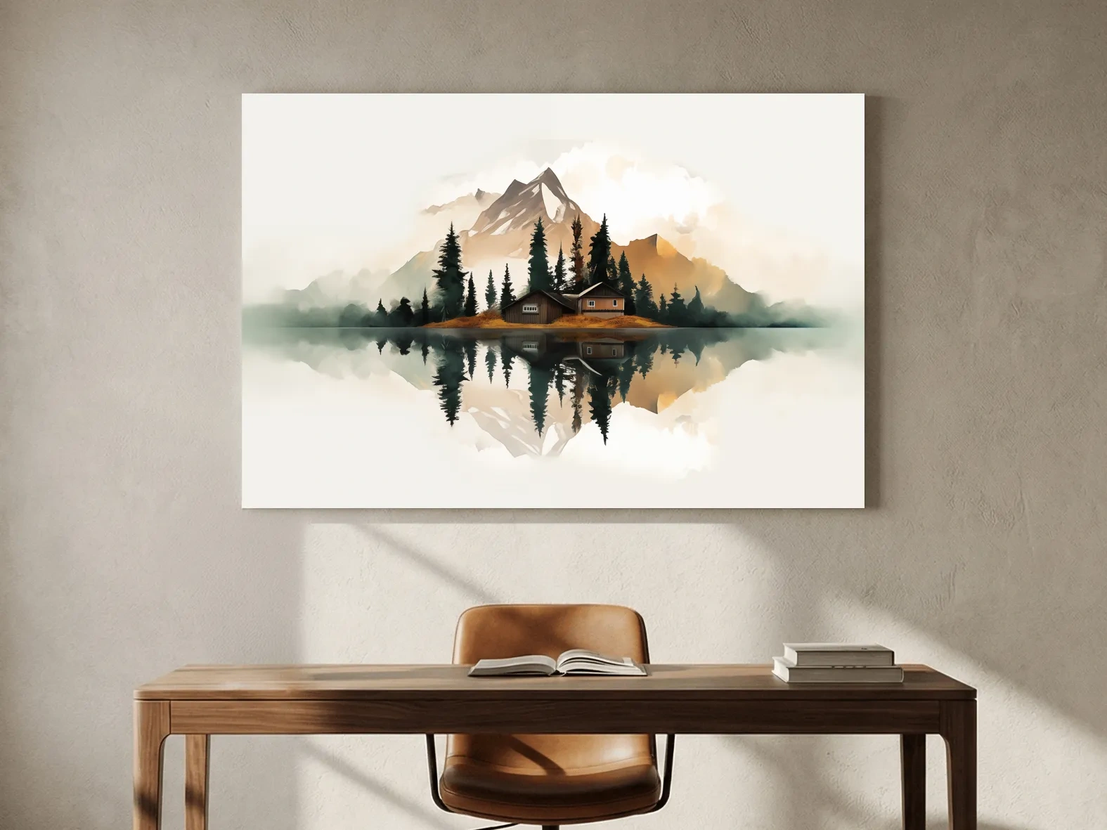 Minimalist Mountain Cabin Lake Reflection - Misty Watercolor Landscape Wall Art