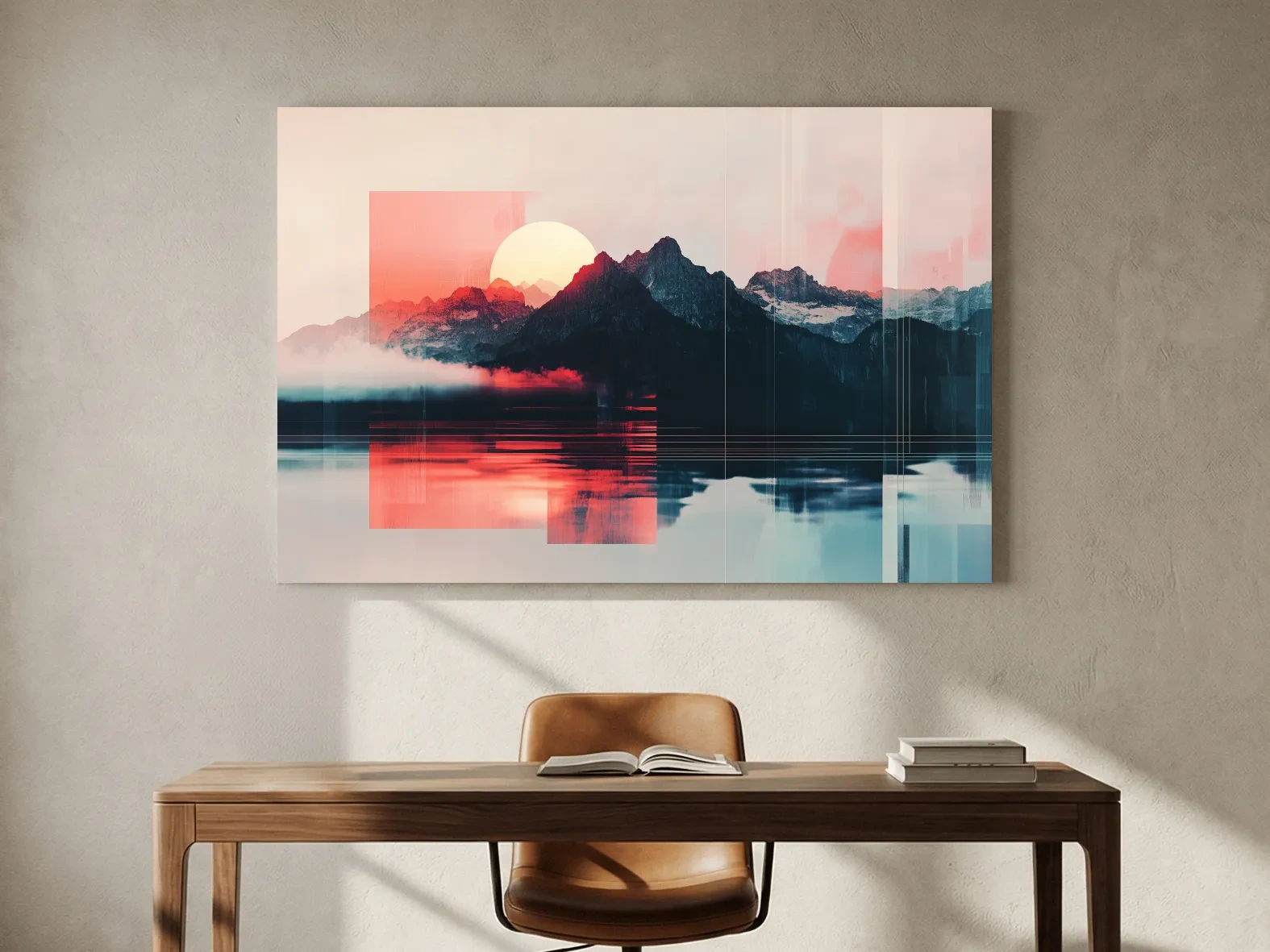 Abstract Alpine Mountain Sunset Reflection - Modern Geometric Glitch Wall Art