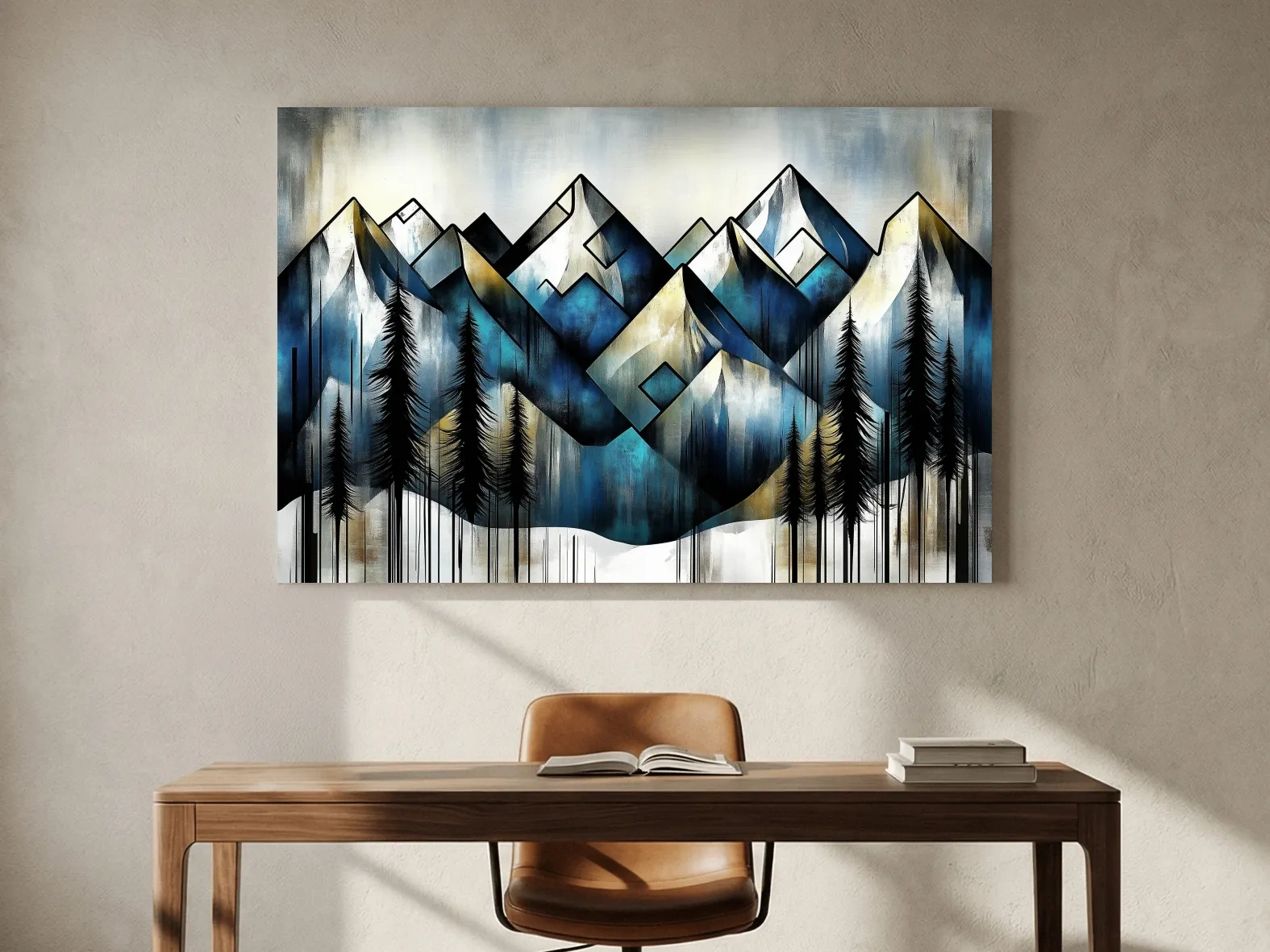 Geometric Mountain Peaks With Pine Trees - Modern Abstract Landscape Artwork