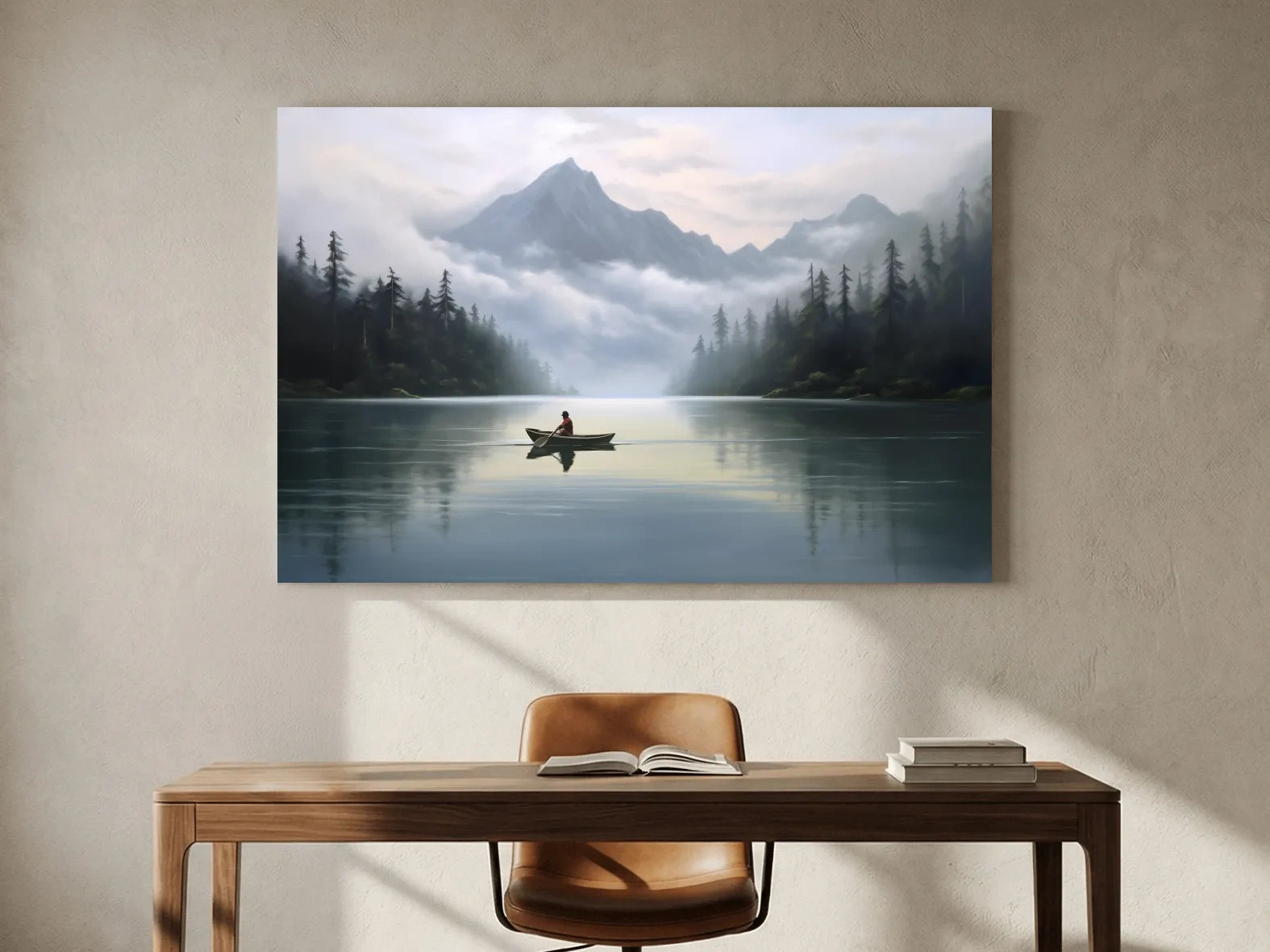 Misty Mountain Alpine Lake Canoe Scene - Serene Landscape Wall Art