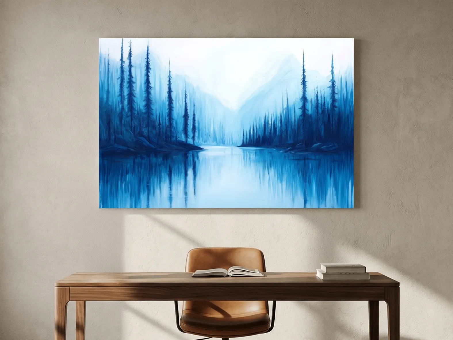 Misty Blue Alpine Lake & Pine Forest - Impressionist Landscape Painting Artwork