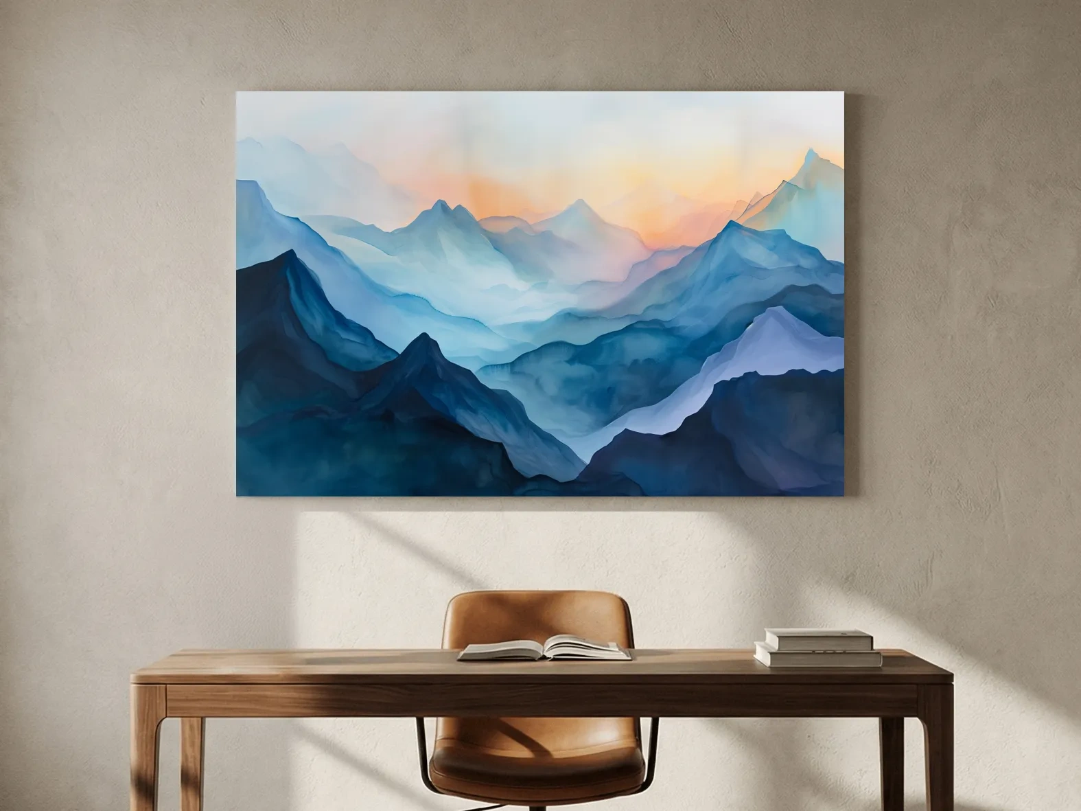 Misty Sunrise Watercolor Mountain Range - Serene Abstract Landscape Wall Art
