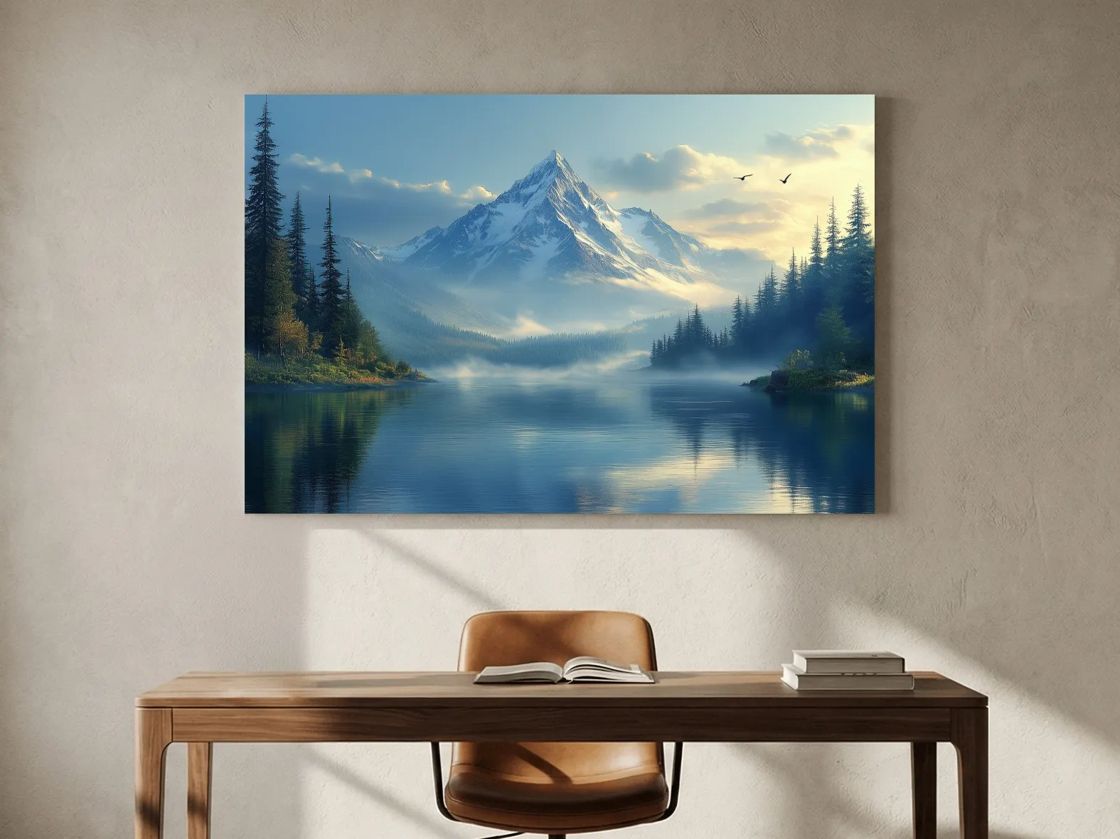 Misty Alpine Mountain Lake Sunset - Pine Forest Artwork