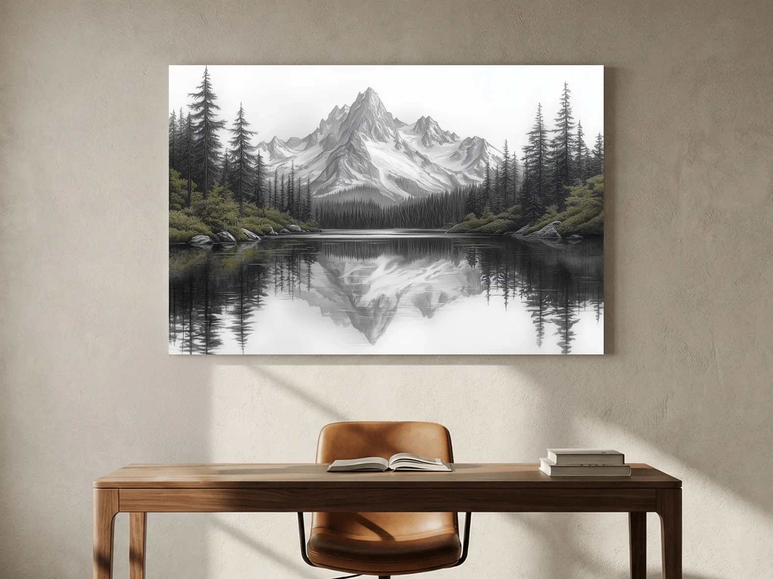 Monochrome Alpine Mountain Lake Reflection Sketch Artwork - Minimalist Forest Landscape Wall Art