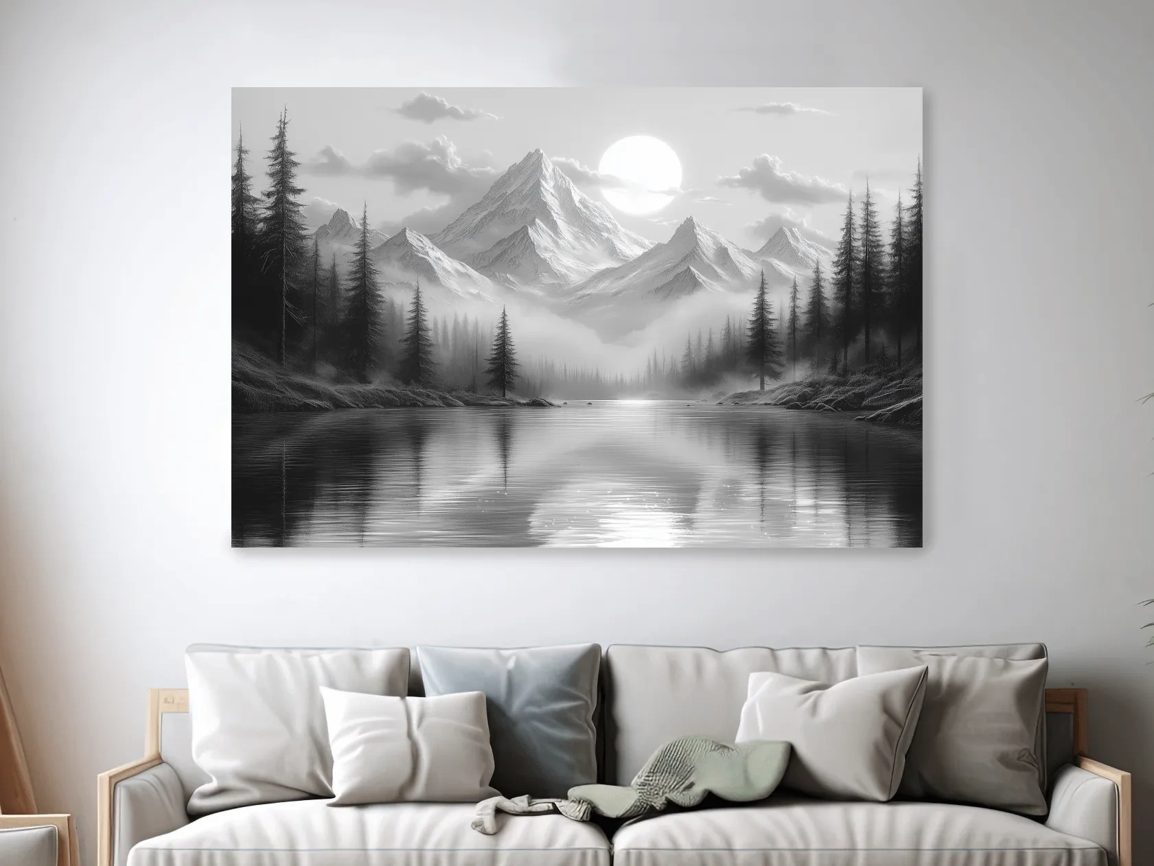 Monochrome Misty Alpine Lake Landscape - Mountain Forest Wall Art