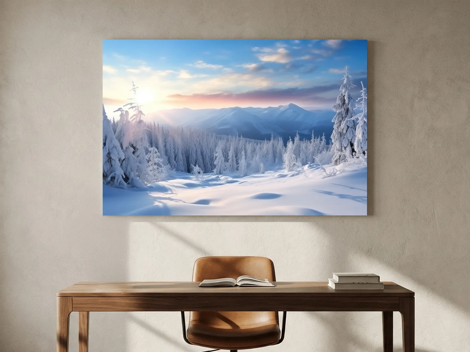 Serene Winter Mountain Sunrise Artwork - Snowy Pine Forest Photographic Wall Art