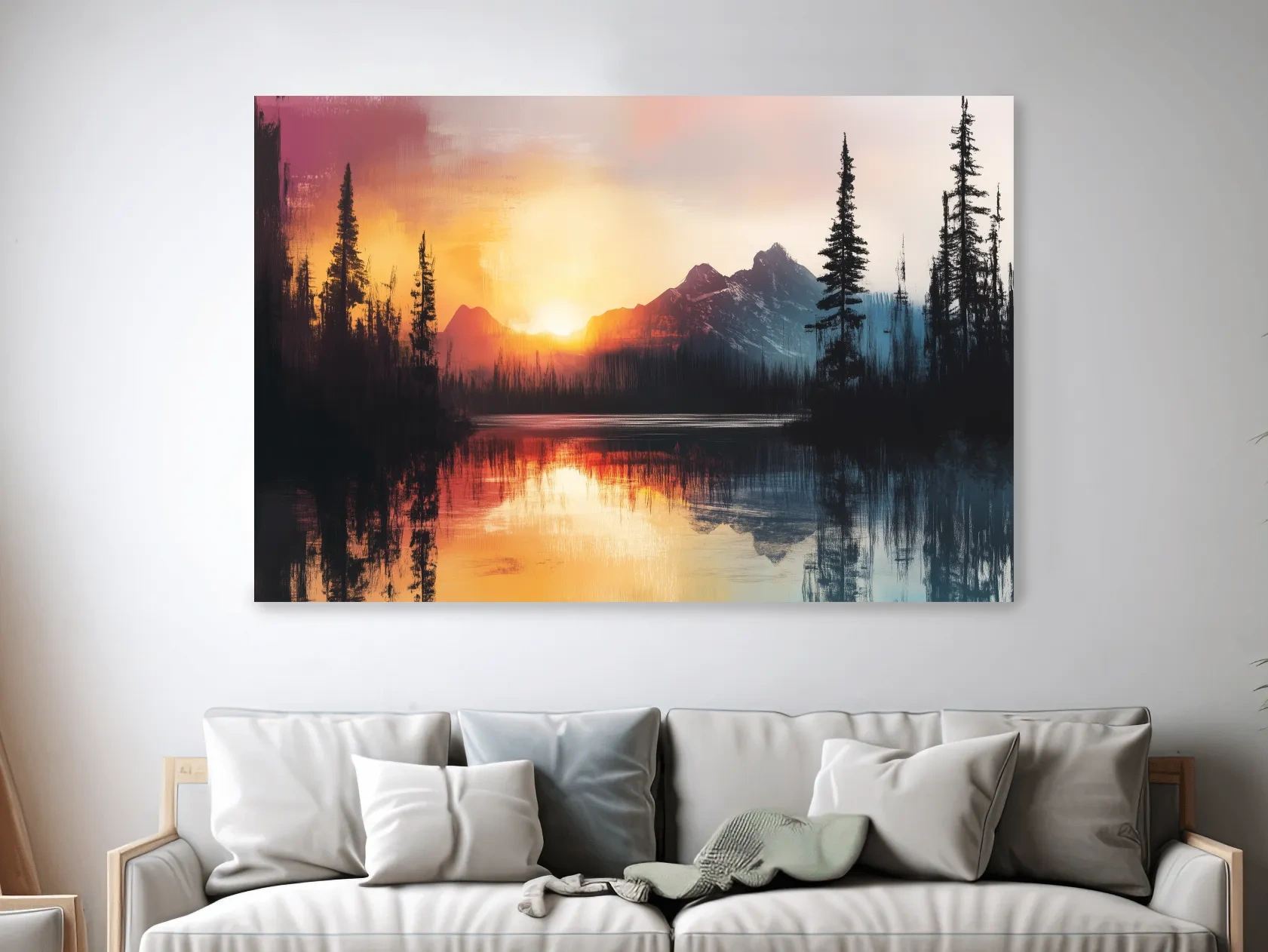 Sunset Mountain Lake Reflection Painting - Dramatic Pine Forest Landscape Wall Art