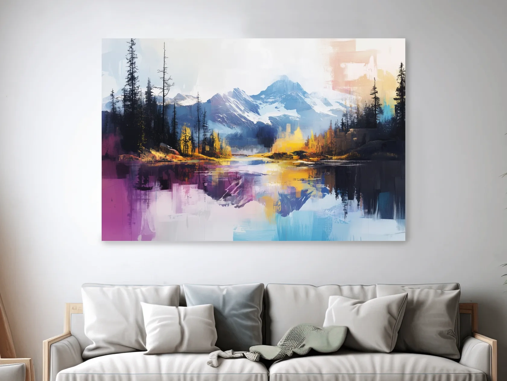Vibrant Abstract Mountain Lake Reflection Painting - Colorful Modern Landscape Wall Art