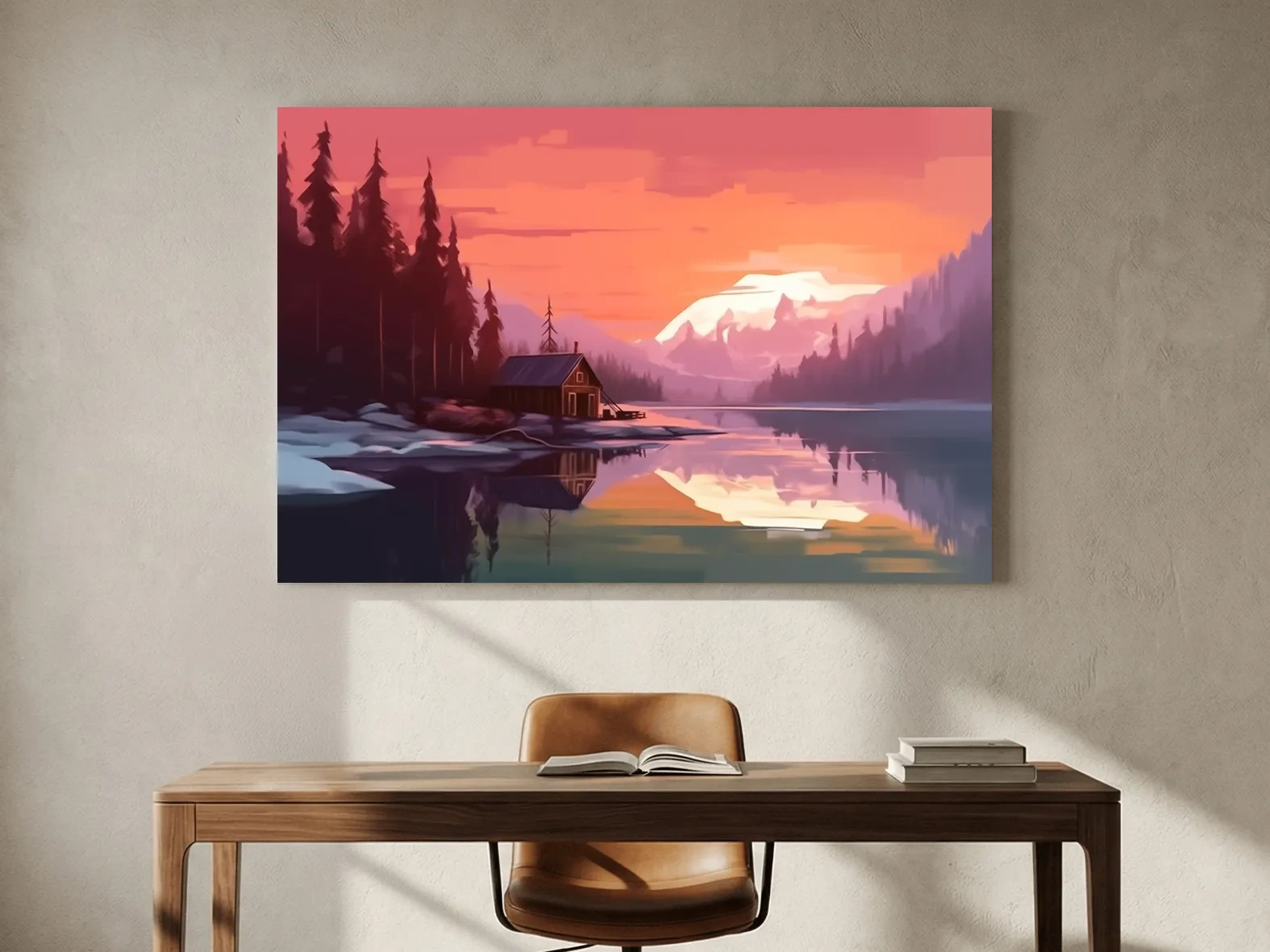 Sunset Mountain Lake Cabin Painting - Serene Alpine Landscape Wall Art